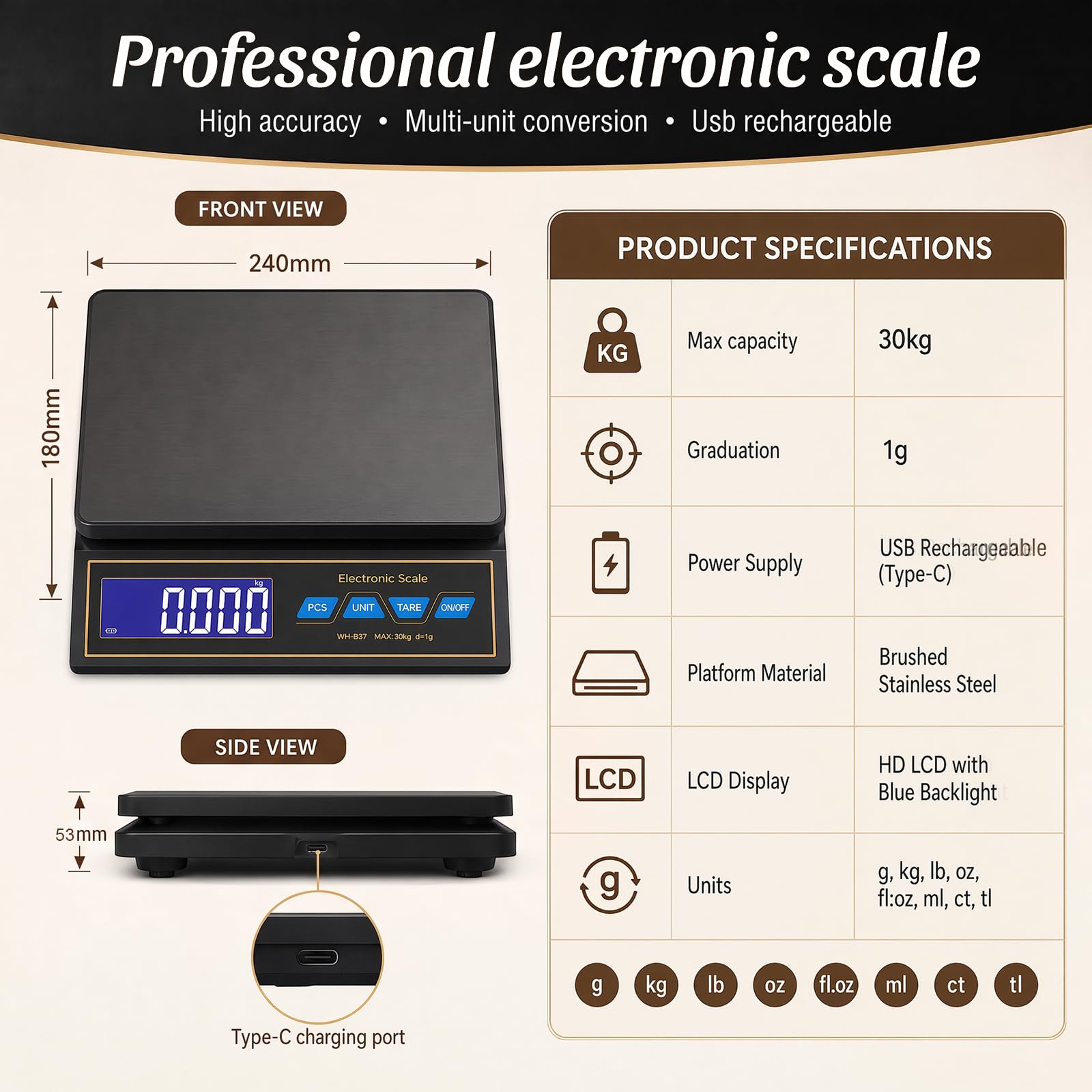 RANJIMA Bilancia da cucina, 30 kg / 66lbs, bilancia digitale in acciaio inox, bilancia per pacchi, bilancia di precisione da 1 g, per la misurazione di carne, salsicce, caffè con LCD, funzione di
