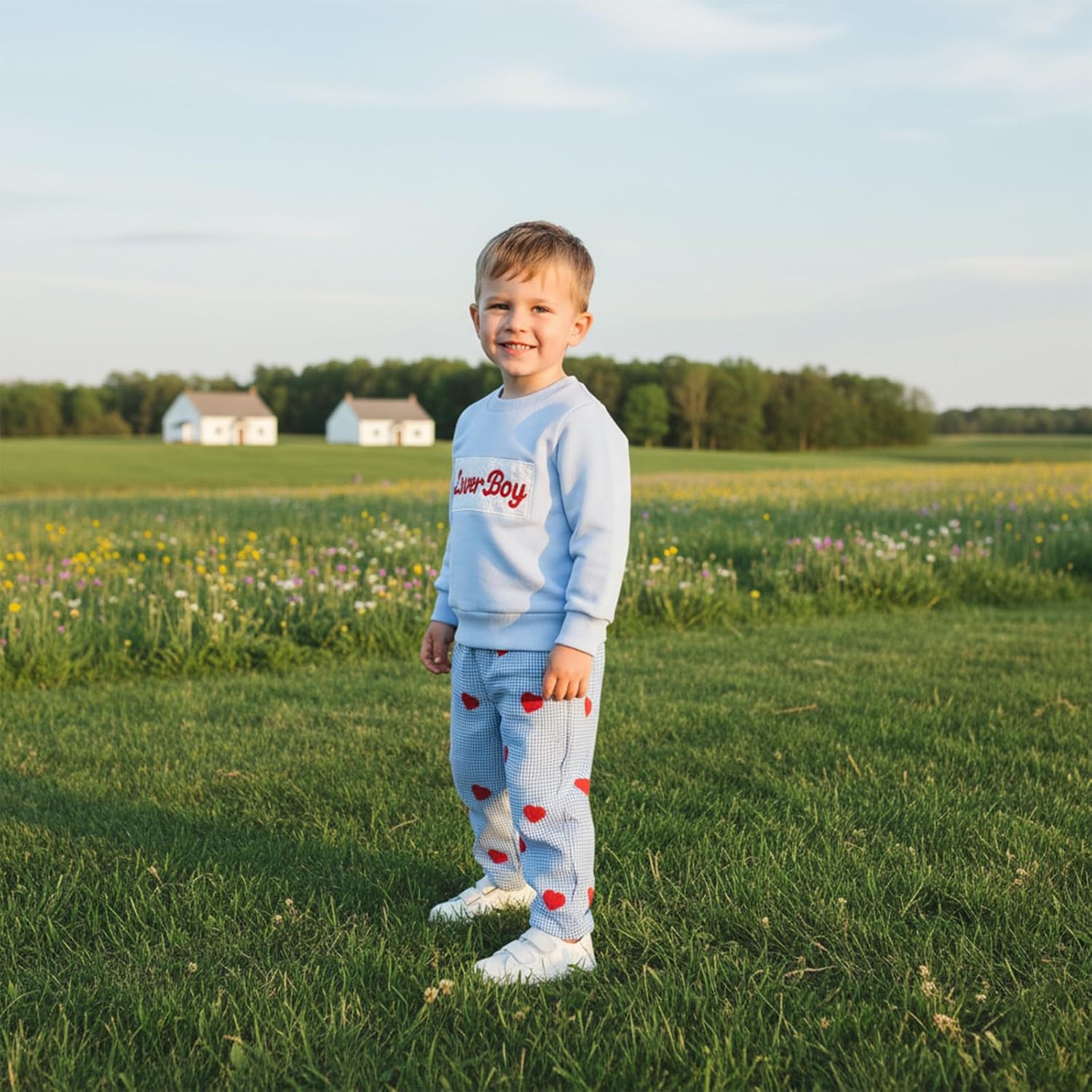 Valentines Toddler Baby Boy Outfit Lover Boy Long Sleeve Sweatshirt Pullover And Plaid Heart Print Pants 2 Piece Set - Image 6