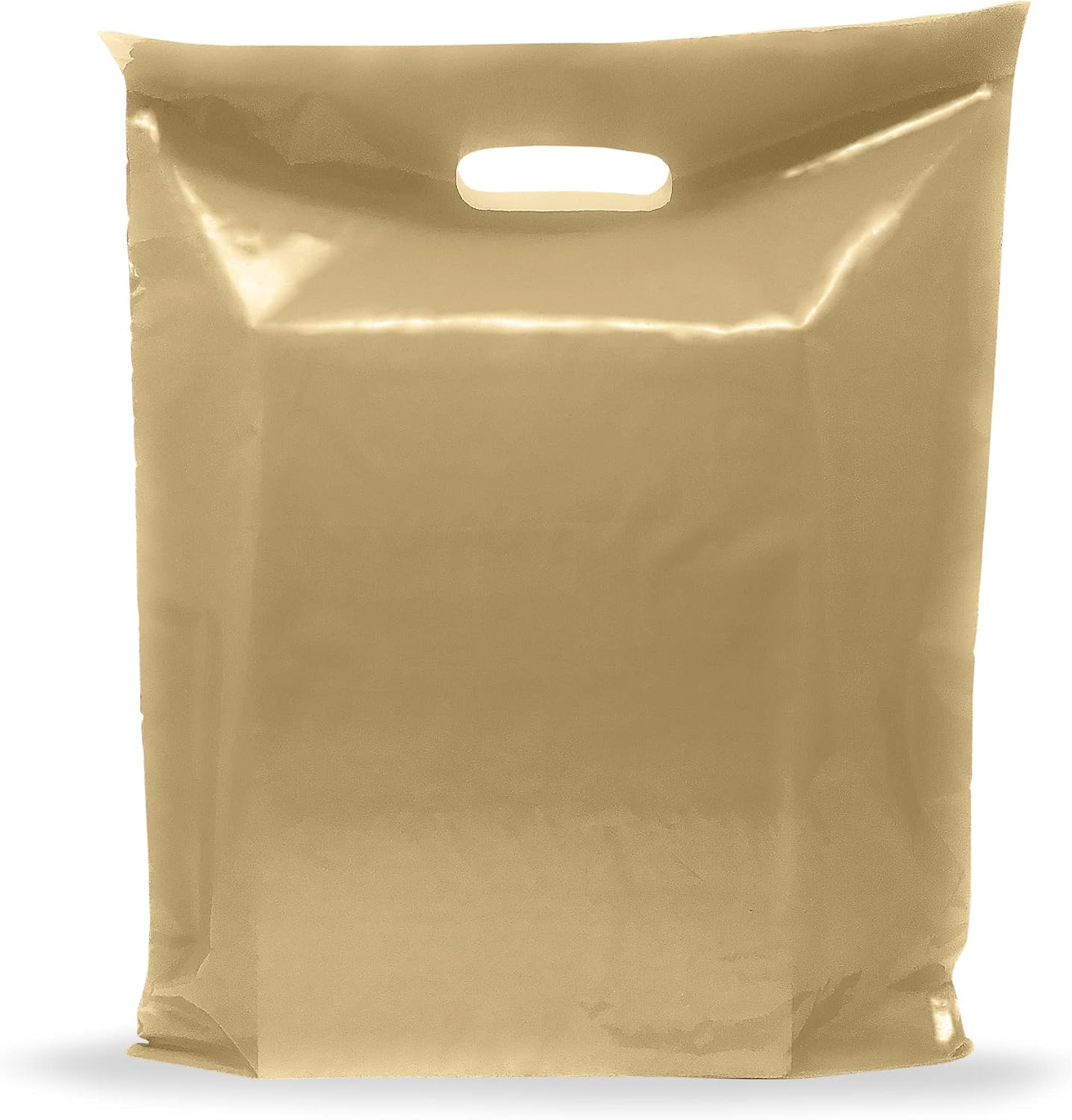 12x15 Gold Plastic Bags, Medium, Glossy Finish, 2 Mil Thick, 100 Pack | Fits t-shirts, folded apparel, boxed gifts, accessories. Ideal for boutiques, gift shops, trade shows, events. Recyclable.
