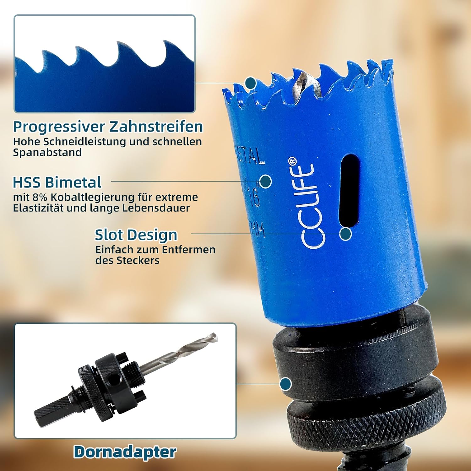 Diagram detailing hole saw features: progressive tooth strip, HSS Bi-metal with 8% Cobalt, and slot design for plug removal