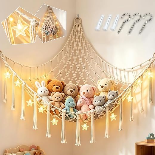 Amaca Porta Peluche, Boho Giocattoli Rete Portaoggetti con Ganci, Amaca Porta Giocattoli e Pupazzi con Luci a LED a Stringa e Nappe, Porta Peluche In Tessuto per Riporre Oggetti e Decorare