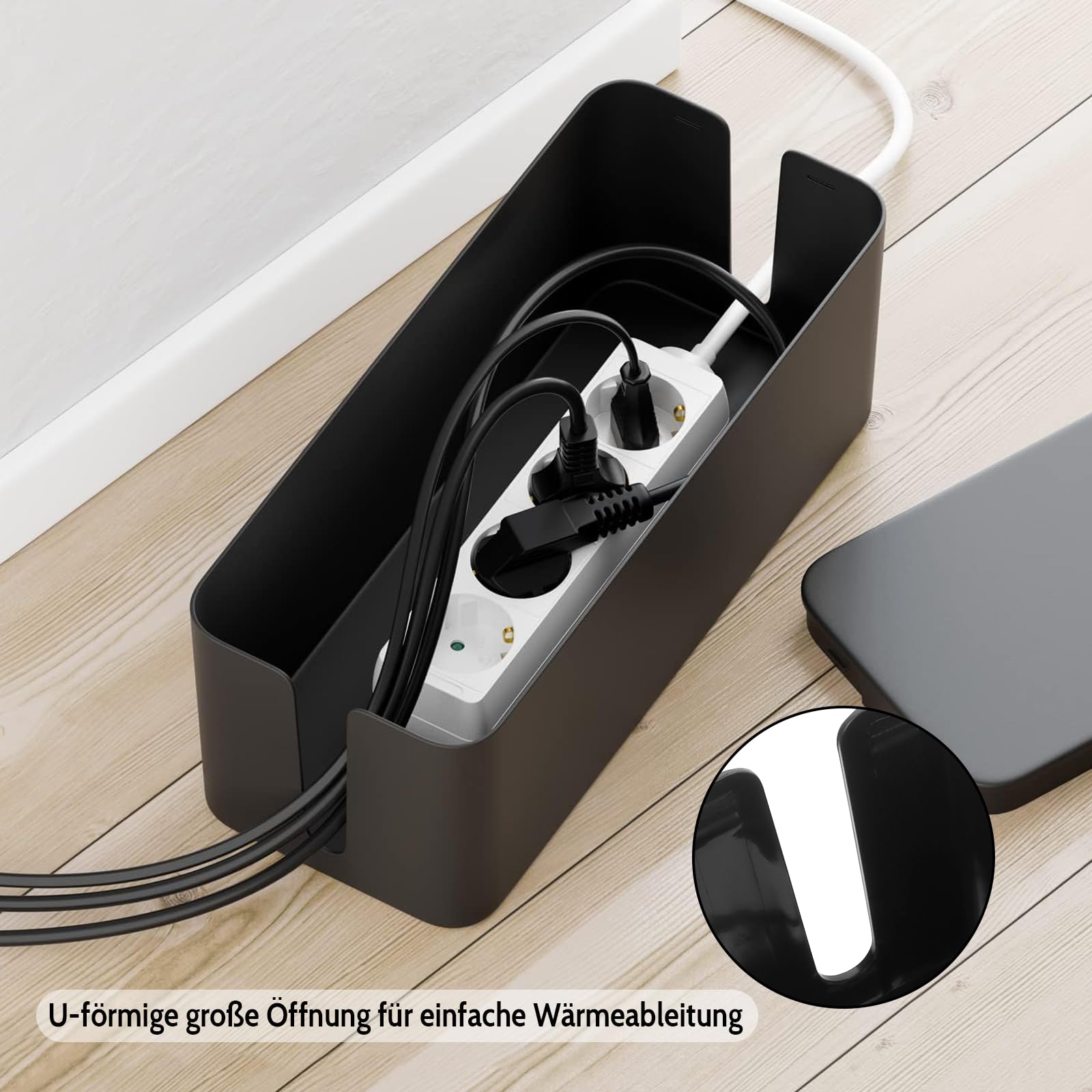 Figarge Cable Box Cable Management Box for Hiding Cable Multiple Plug Organiser Computer Wiring Loose Wires Wire Organiser Box Black - Image 4