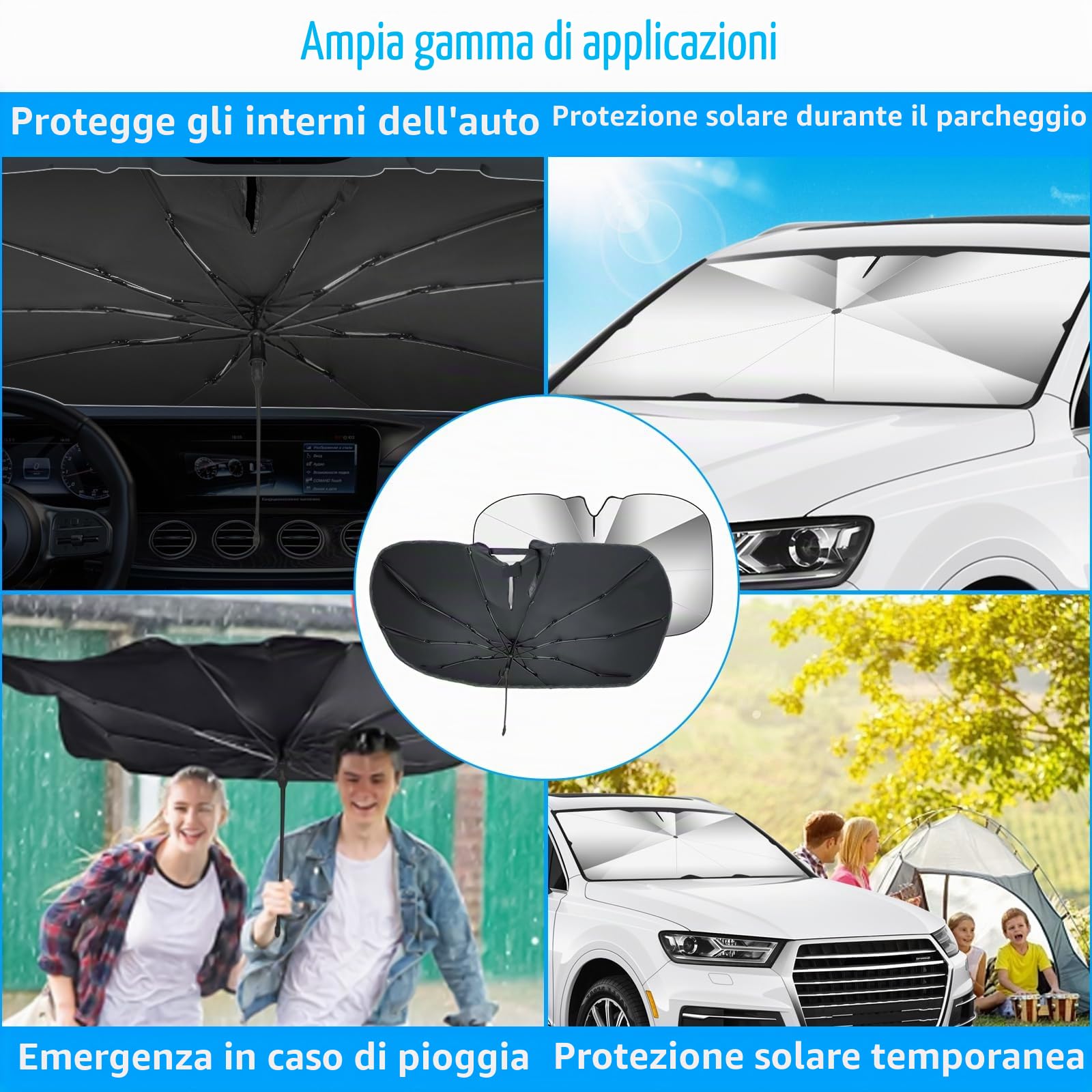 Ombrello Parasole Parabrezza Anteriore per Auto Parabrezza Parasole Auto Pieghevole Aggiornato Protezione UV Rotazione a 360 °Albero Proteggi la tua auto dai graffi 132 * 73 cm