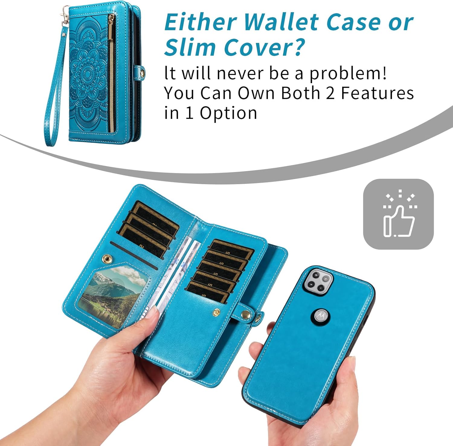 Asuwish Phone Case for Moto One 5G Ace/Motorola G G5 2021 Zipper Wallet Cell Cover with Tempered Glass Screen Protector Strap Flower Card Holder MotoOne 1 One5G UW Ace 6.7 XT2113-3 XT2113-5 Women Blue