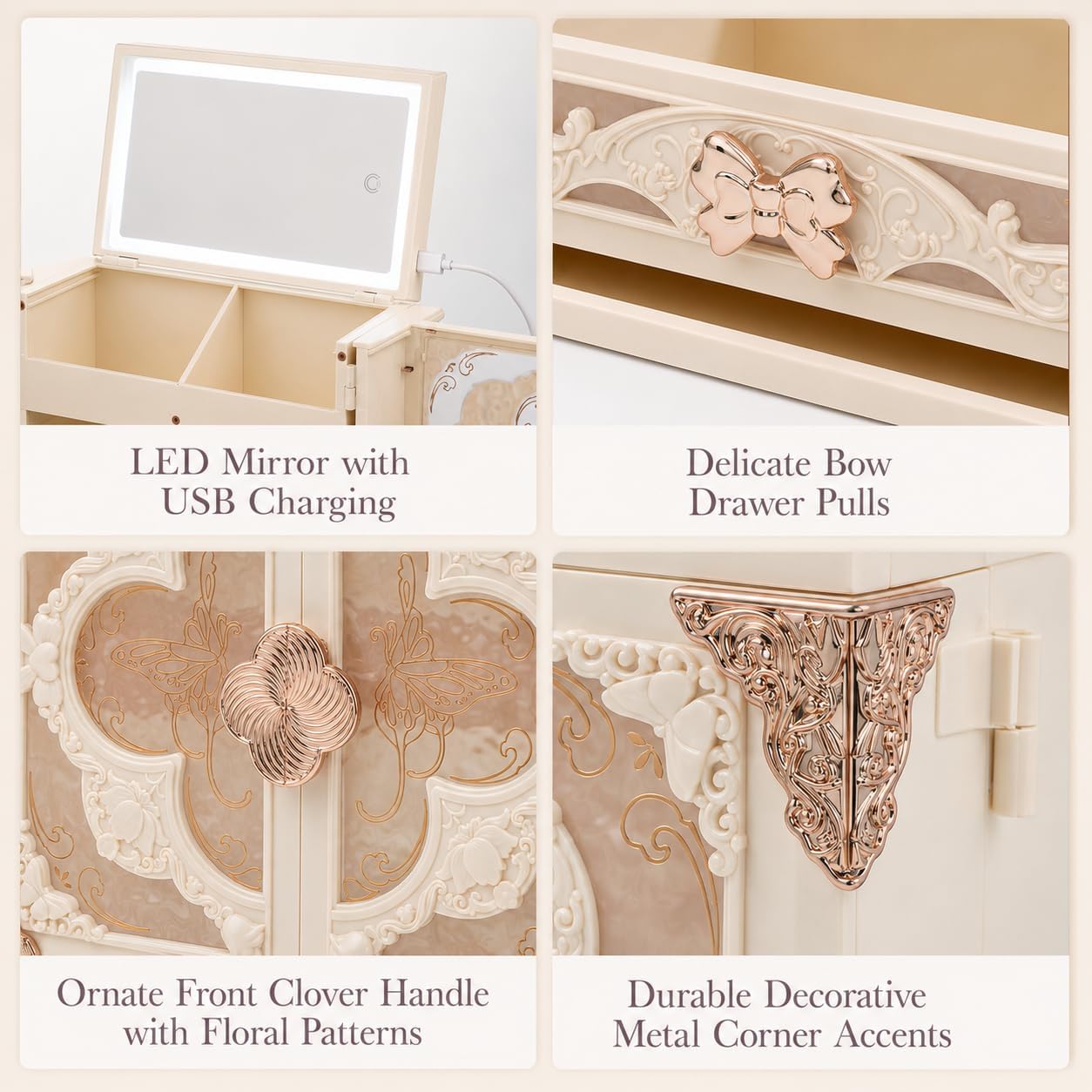 Lighted Vanity Makeup Organizer with Mirror, Large Vintage Cosmetic Storage Box with Drawers, Waterproof Dustproof Skincare & Beauty Organizer for Bathroom Counter, Gift for Women (Off-white)