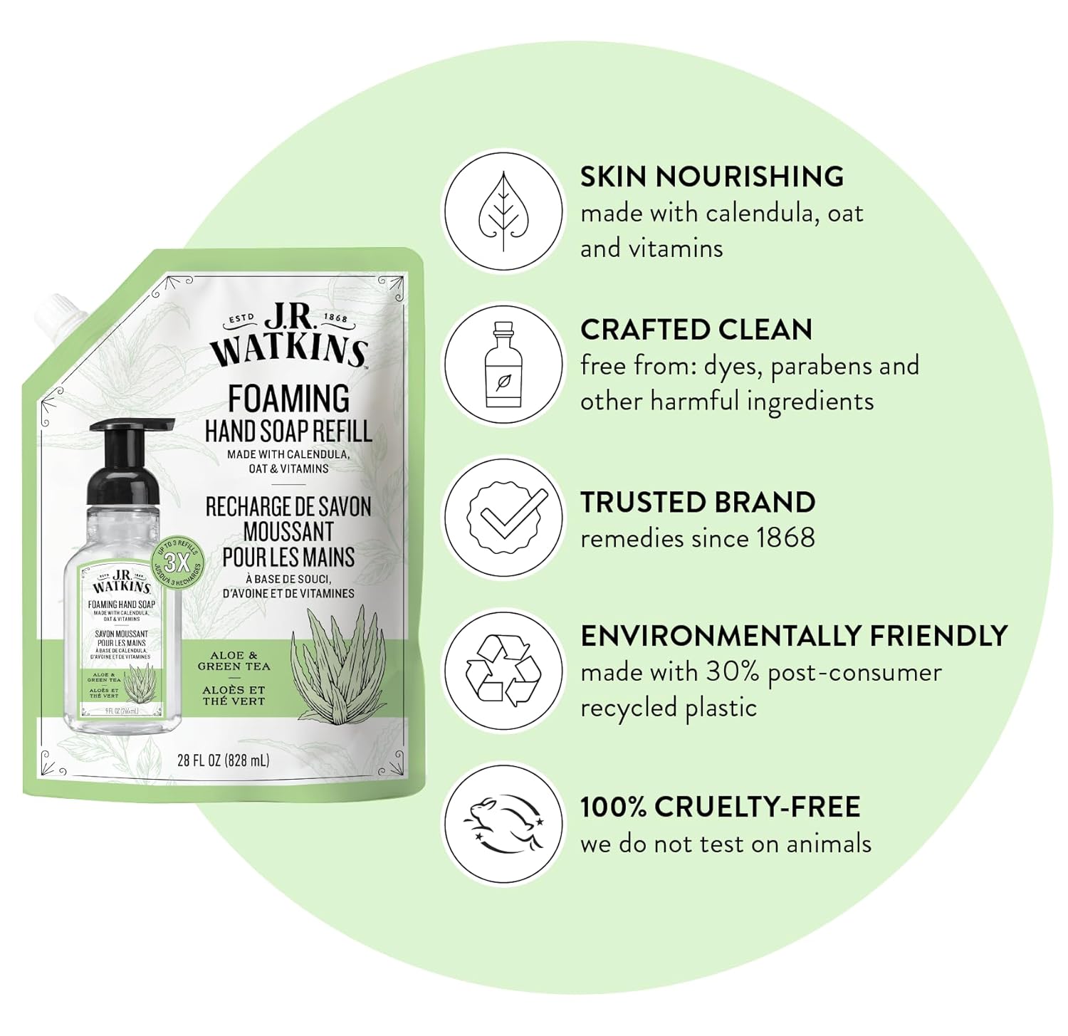J.R. Watkins Foaming Hand Soap Refill, Moisturizing Foam Hand Wash, Formulated with Plant-Based Cleansers, Alcohol-Free, Cruelty-Free, Aloe & Green Tea, 28 fl oz, 2 Pack - Image 2