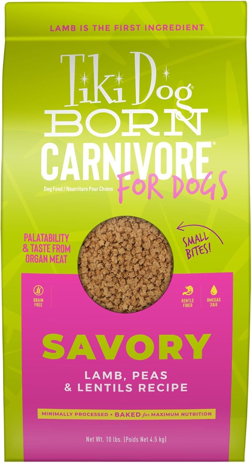 Tiki Dog Born Carnivore for Dogs, Savory Lamb, Peas & Lentils Recipe, Grain Free Baked Kibble for Maximum Nutrition, For Adult Dogs and All Size Breed Dogs, 10 lbs. Bag