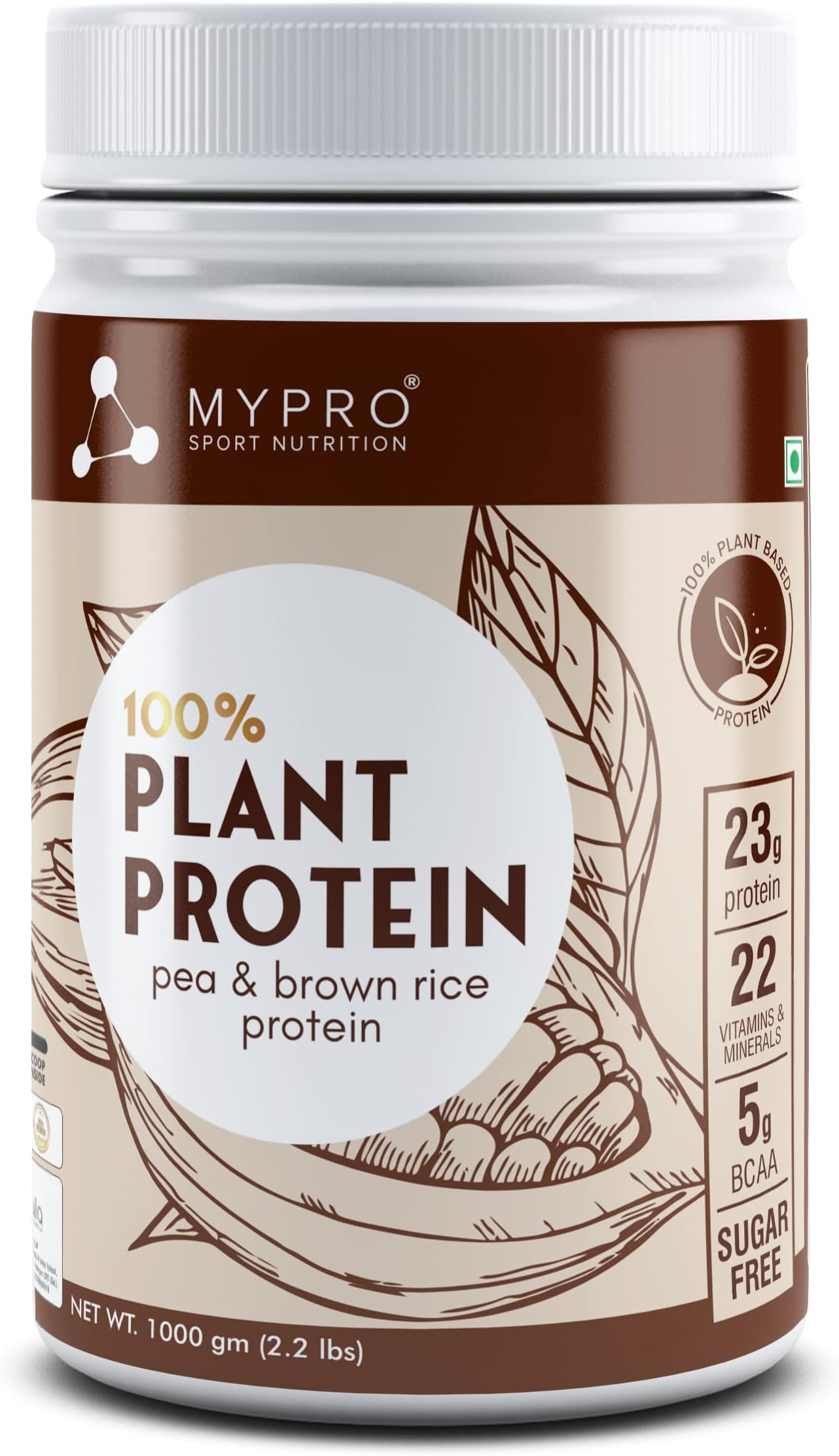 Mypro Sport Nutrition Plant Protein Powder Pea & Brown Rice Protein (23g protein,22 Vitamins & minerals,5g BCAA) Plant Based Vegan Protein Supplement For Men & Women (Chocolate Flavour -1000 Gm)