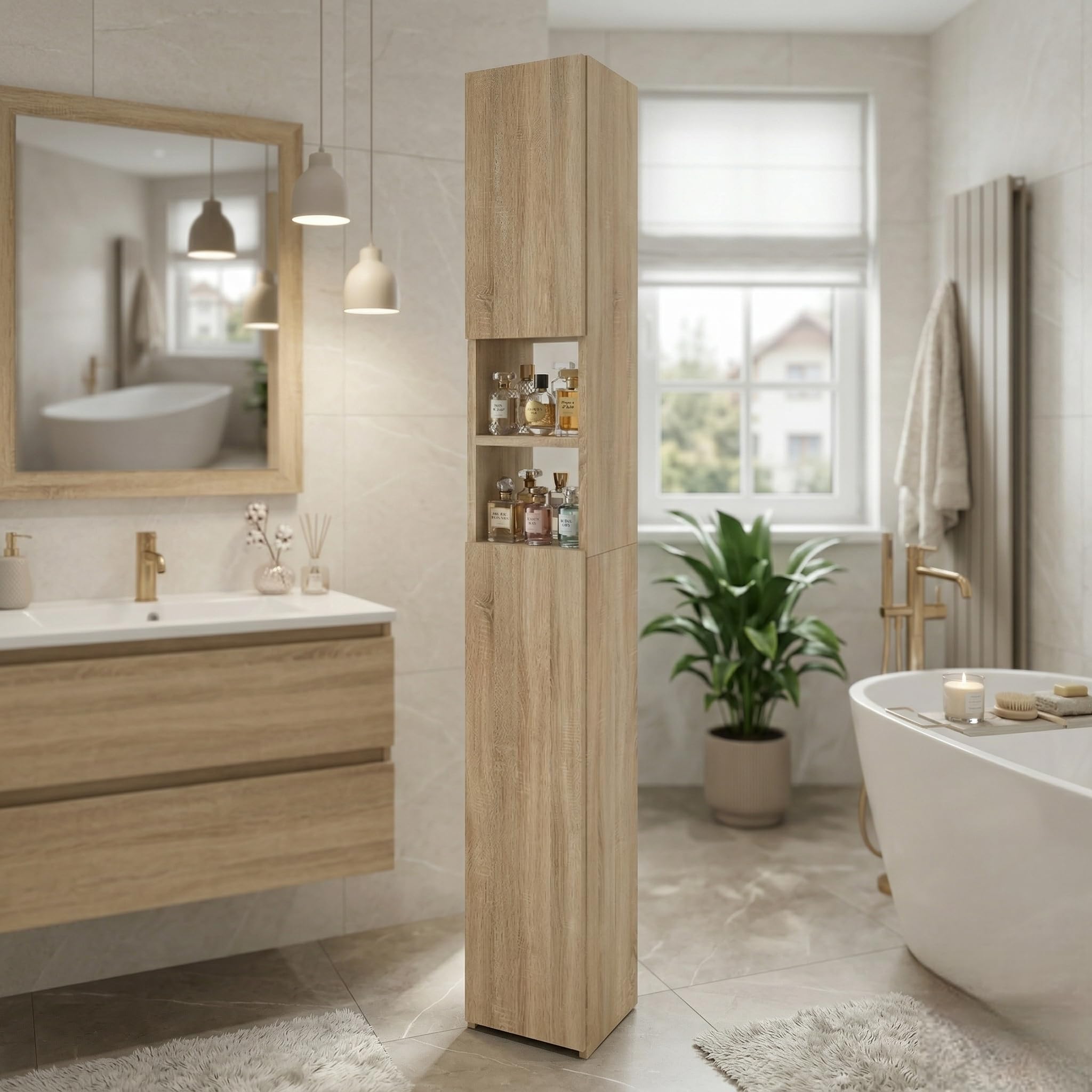 CraftPAK Armoire de Salle de Bain Largeur 24 cm, Colonne étroite en Bois, 7 Compartiments réglables, 2 Portes | Brun