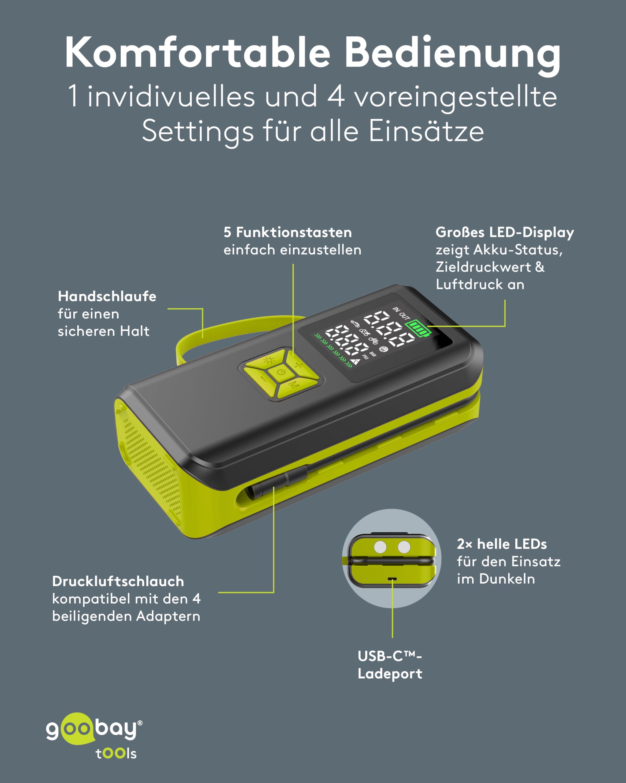 goobay -Kabellose, elektrische Luftpumpe 10 bar/150 PSI - 2Ah Akku, 5V, mit LED-Licht, 4 Ventiladapter, LED-Display, Kompressor für Auto-, Motorrad-, Fahrradreifen und Bälle, USB-C Anschluss - 77827