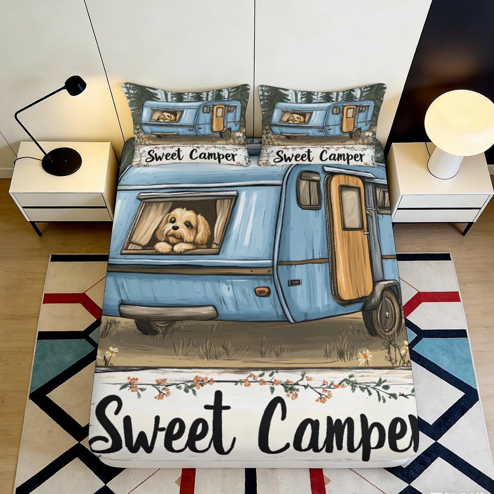 3D Printed Sweet Camper Fitted Sheet Microfiber Soft Breathable Blue Caravan Bed Cover for Bedroom Dormitory Guest Room Mattress Protection 120x200x25cm