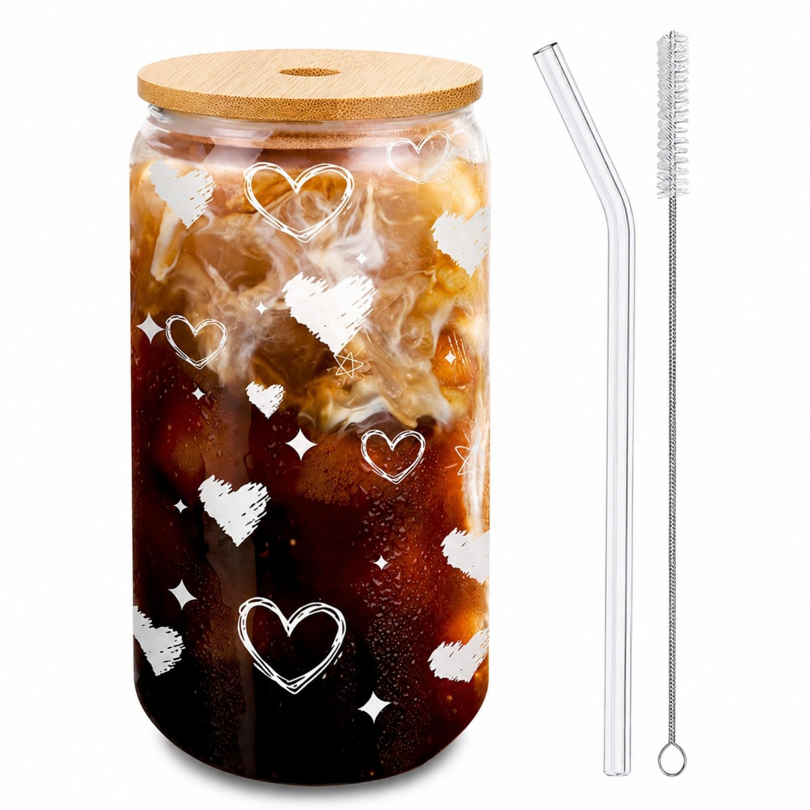 Glass Cup with Lid and Straw, 16 oz Cute Iced Coffee Cup with Heart Design, Bamboo Lid, Glass Straw and Brush for Desk, Dorm, Girlfriend or Best Friend