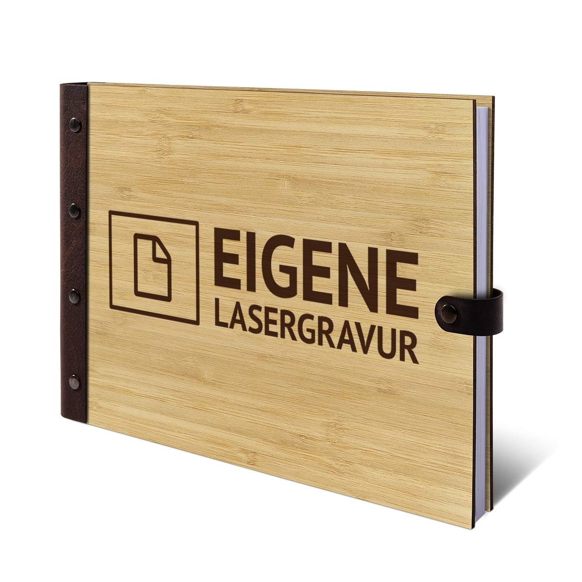 Personalisiertes Hochzeit Gästebuch Bambus Cover mit Lederrücken Naturpapier 72 Blätter | 144 Innenseiten DIN A4 quer 302 x 215 mm - Eigene Gravurdatei hochladen