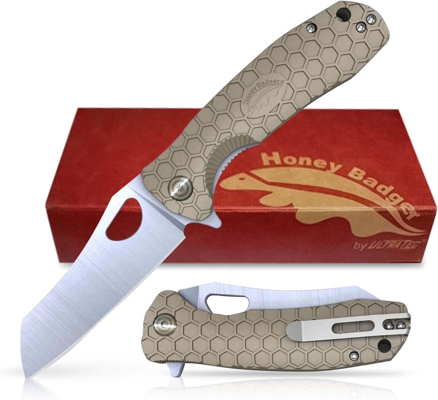 Honey Badger Knife - Flipper Wharncleaver Pocket Knife, EDC Hunting with 3.6" Steel Blade, Nylon+Glass Fiber Handle & Reversible Pocket Clip, 4.0oz, Large Tan HB1032