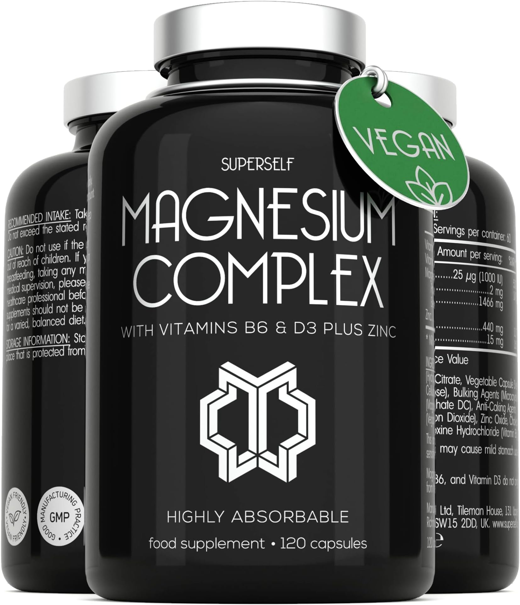 Magnesium Complex 1466mg - Magnesium and Zinc Supplements with Vitamin D3 & B6 - Premium Supplements for Women & Men - High Strength Chelated Citrate Tablets - 120 Capsules - Vegan & UK Made