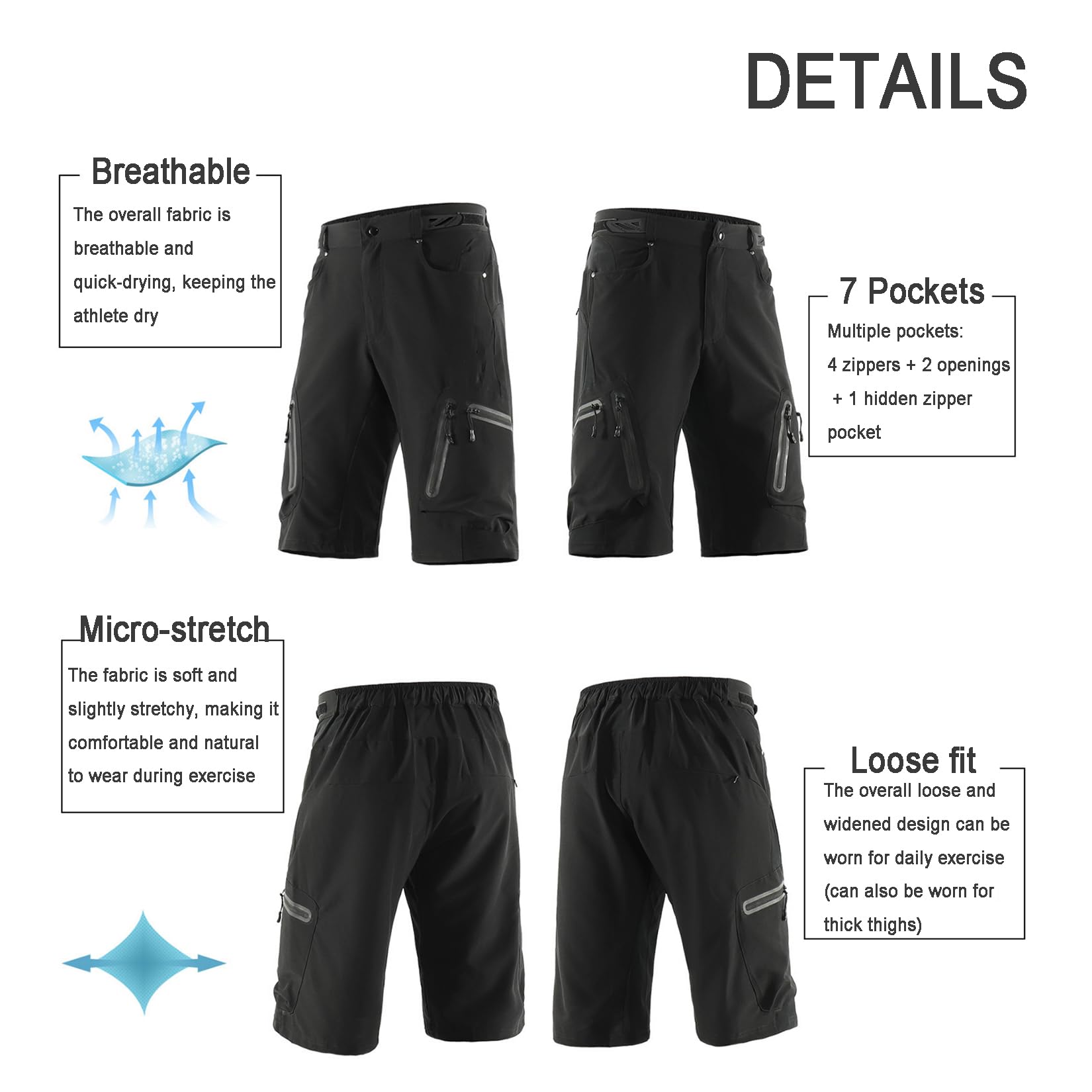 Pantaloncini da Bici da Uomo MTB Larghi Pantaloncini da Ciclismo da Strada per Bici da Strada Pantaloncini Leggeri da Mountain Bike con Tasche con Cerniera,Black-M