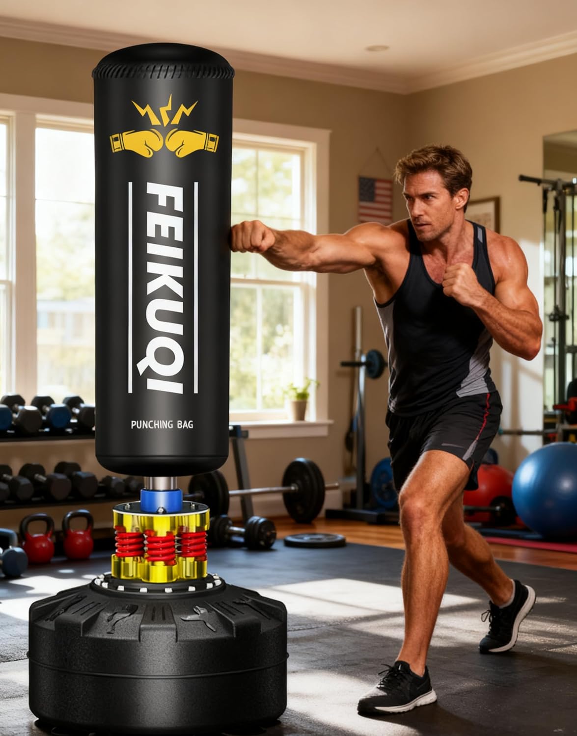 Standing Punching Bag for Adults, Feikuqi 205lbs Heavy Bag for Boxing, Shock Absorber, Suction Cup Base, Stand Up Punching Bag Adult, Standing Kickboxing Bag for Home Office Gym