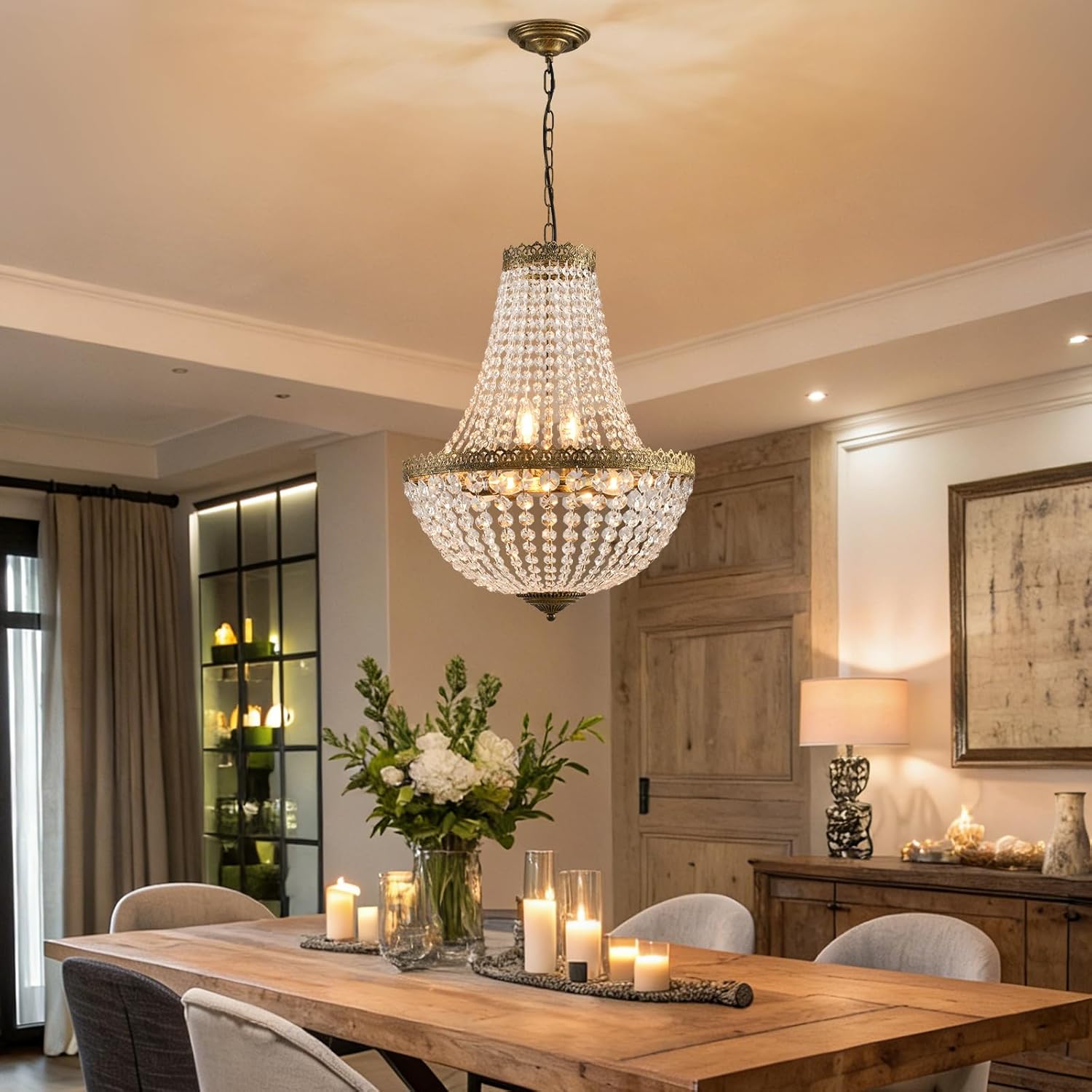 6 Lights French Empire Crystal Chandelier Farmhouse Pendant Lighting, Antique Brass Ceiling Light Fixture for Dining Room Bedroom Foyer Living Room, W18.5 x H25.6