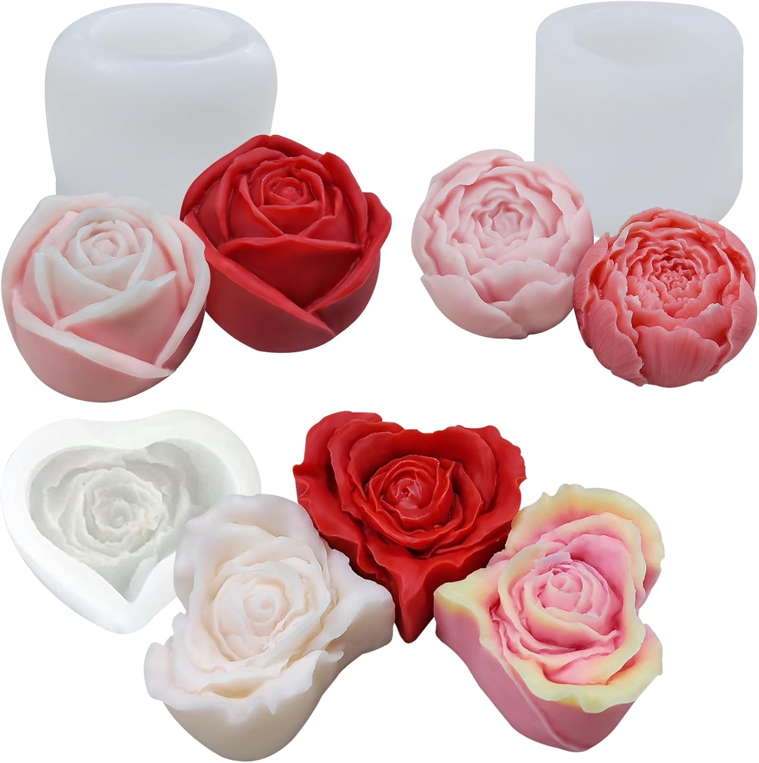 3 Pack Heart Rose Flower Candles Molds Set,3D Rose Flower