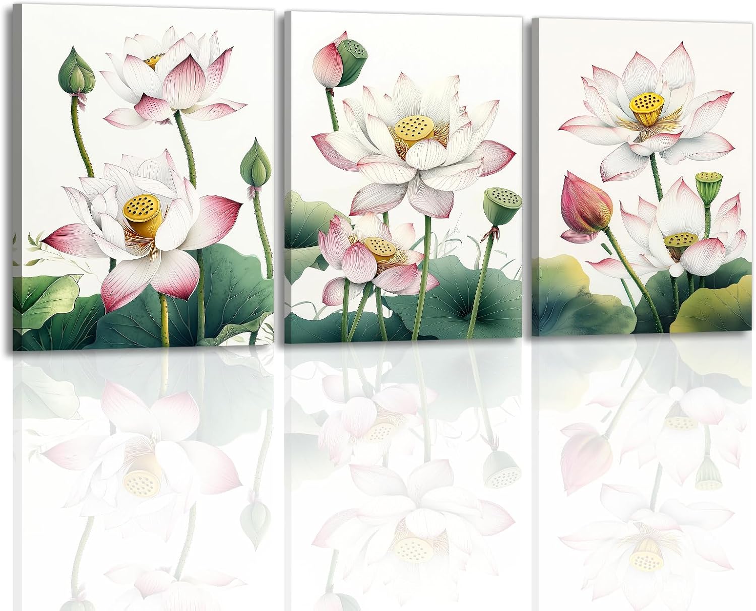 GLOKAKA Lotus Canvas Wall Art 3 Panel Lotus Pond Painting Canvas Print Zen Wall Decor Pink Green Floral Poster Artwork for Living Room Bedroom Yoga Spa Room(Artwork-1,11"x14"x3pcs)