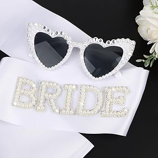 CIEHER Bride Heart Sunglasses & Bridal Sash Set for Bride to Be Gifts Bachelorette Party Favors Bridal Shower Decorations