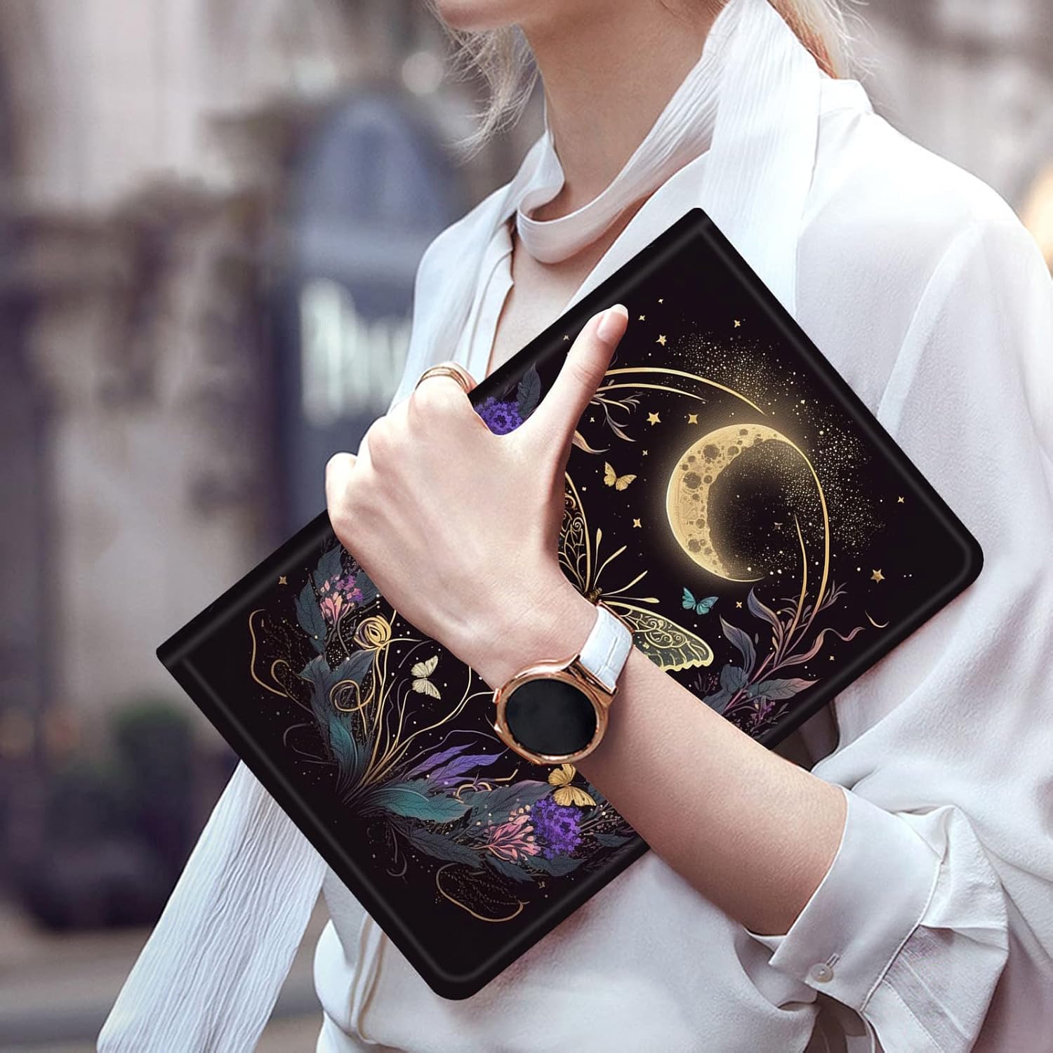 FUYOCWE for Amazon Fire HD 10/10 Plus Tablet Case (13th/11th Generation,2023/2021 Release,10.1"), PU Leather Slim Multi-Angle Folding Stand Cover w/Auto Sleep/Wake-Butterfly Flowers & Gold Moon