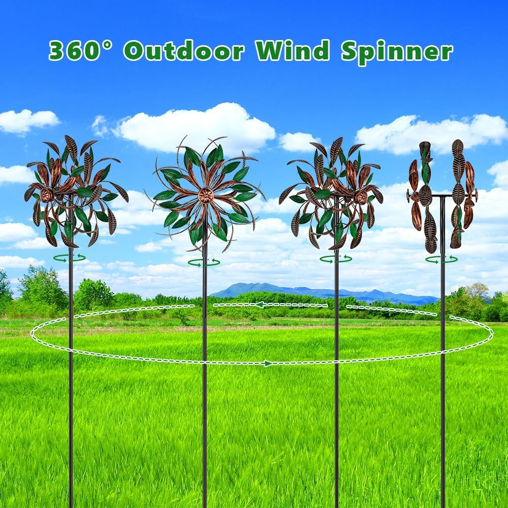 DREAMYSOUL Wind Spinners Outdoor, 360 Degree Rotation Double Layer Metal Kinetic Wind Spinner, Wind Sculpture with Green Leaves Blades for Yard and Garden Lawn Decor