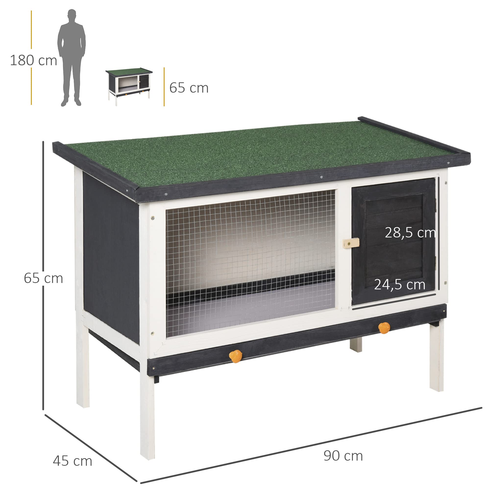 PawHut Conejera de Madera Exterior Jaula Elevada para Conejos Cobayas Animales Pequeños con Techo Asfáltico Abatible Bandejas Extraíbles y Puerta con Pestillo 90x45x65 cm Gris Oscuro