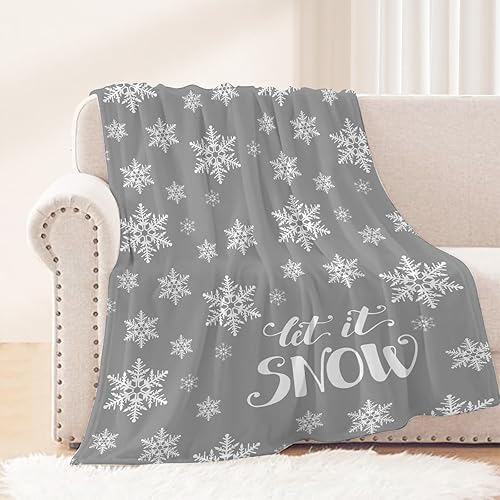 Neatee Living Manta decorativa de Navidad gris con copos de nieve, manta gris para sofá, cama, manta suave y ligera de felpa de forro polar y mantas