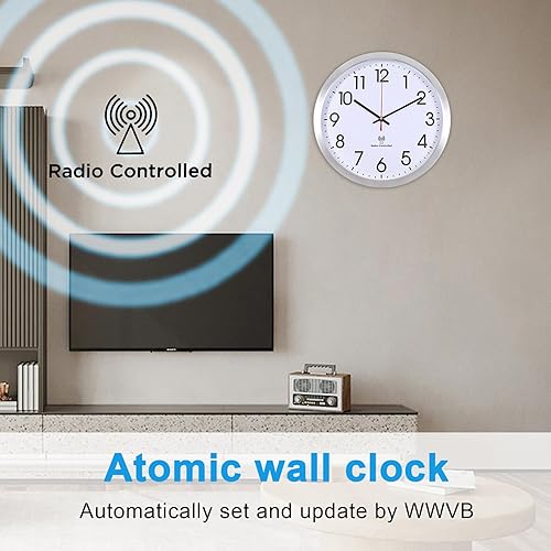 Miniatura 2 de Reloj de pared analógico atómico, 14 pulgadas, juego de reloj de pared automático con marco de aluminio, para el hogar, escuela, oficina
