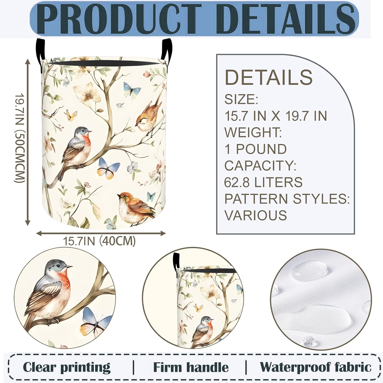 Birds and Butterfly Laundry Basket Hamper 19.7"x15.8", Floral Foldable Waterproof Oxford Clothes Storage Bucket for Room Bathroom Bedroom Nursery Decor, Toy Organizer Bins Gifts for Kids Boys Girls image 2