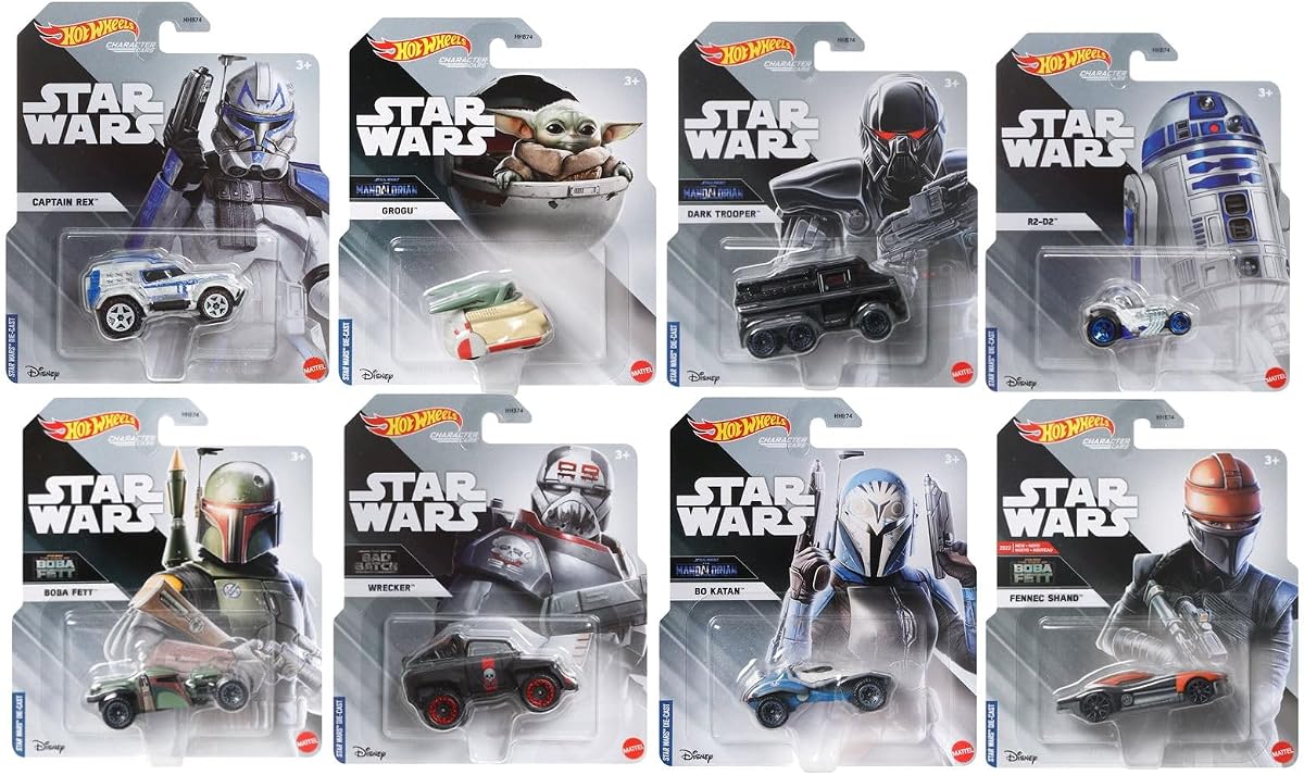 Hot Wheels Star Wars Character Cars Paquete de 8 – HHB74‑956E, incluye Capitán Rex, Grogu, Dark Trooper, R2‑D2, Boba Fett, Wrecker, Bo Katan y Fennec Shand, escala 1:64, edades 3+ (paquete de 8)