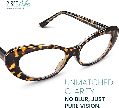 Miniatura 2 de 2SeeLife Gafas de lectura de ojo de gato de gran tamaño para mujer, ajuste mediano, marco resistente, bisagras de resorte, (R-803-Tortoise-1.00)