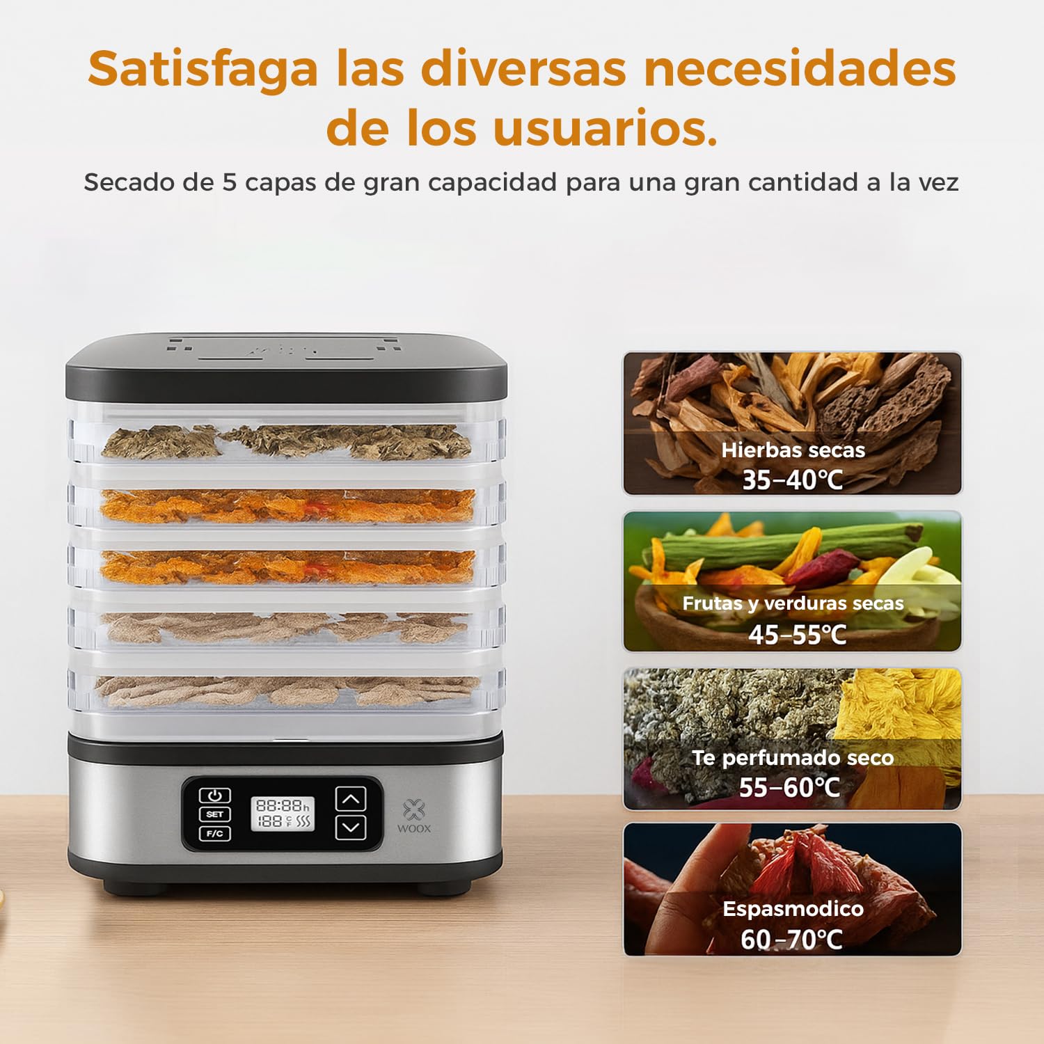 WOOX Deshidratador de Alimentos 240W, Deshidratador con 5 Bandejas Altura Regulable, Pantalla LED, Temporizador 99H y Temperatura Ajustable, Deshidratadora de Frutas y Verduras, Sin BPA