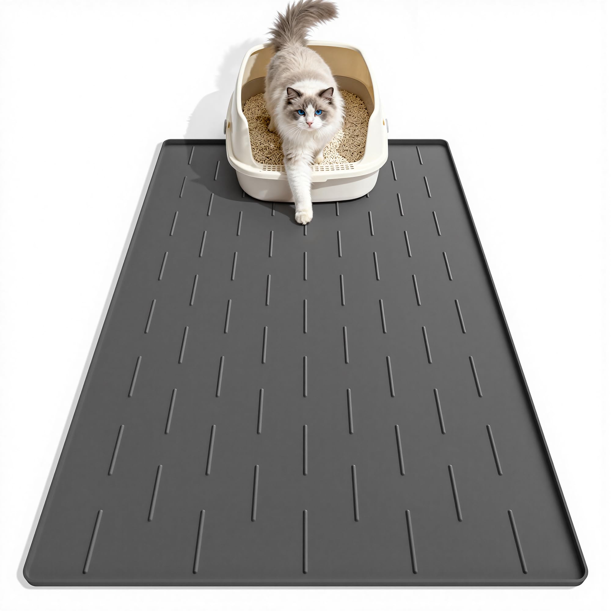 Pieviev Silicone Cat Litter Trapping Mat, 34''x22'' Large Cat Litter Mat, Easy to Clean & Soft on Kitty Paws, Waterproof Kitty Litter Pads for Indoor Cats, Dark Grey