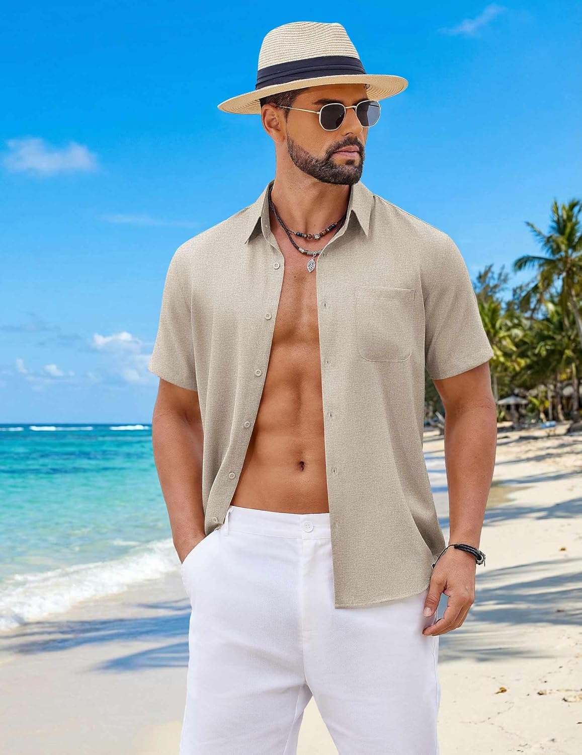 COOFANDY Mens Button Down Shirt Short Sleeve Casual Shirts Summer Beach Wedding Linen Shirt with Pocket - Image 2