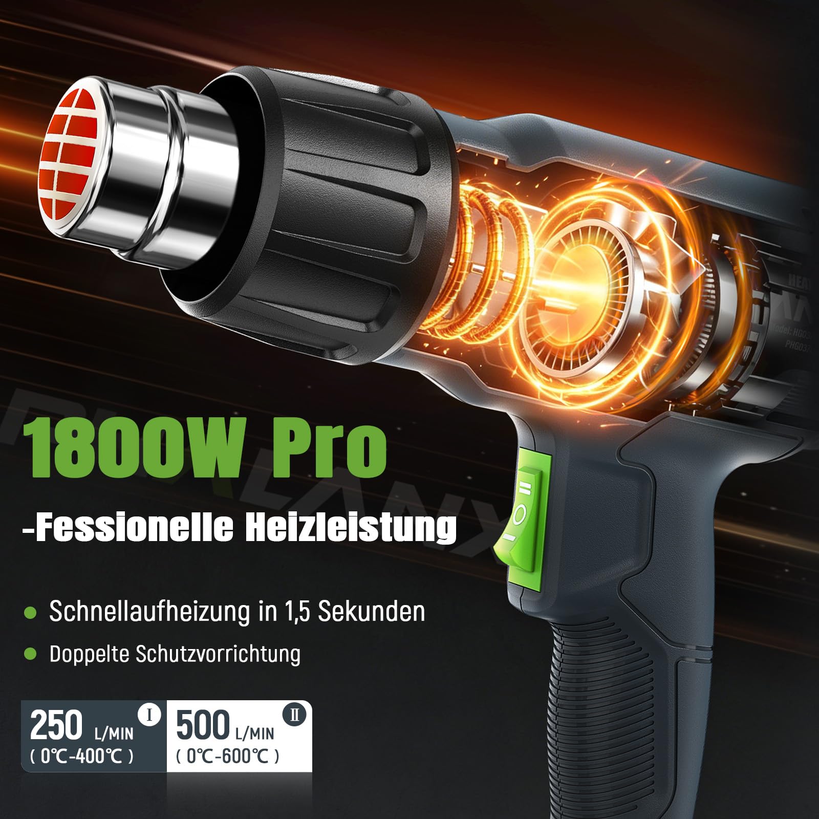 Heißluftpistole, 1800W heißluftfön mit 4 Düsen, 2 einstellbare Temperaturstufen 400℃- 600℃ Heissluftgebläse mit Überlastschutz für Handwerk, Schrumpfen, Folieren