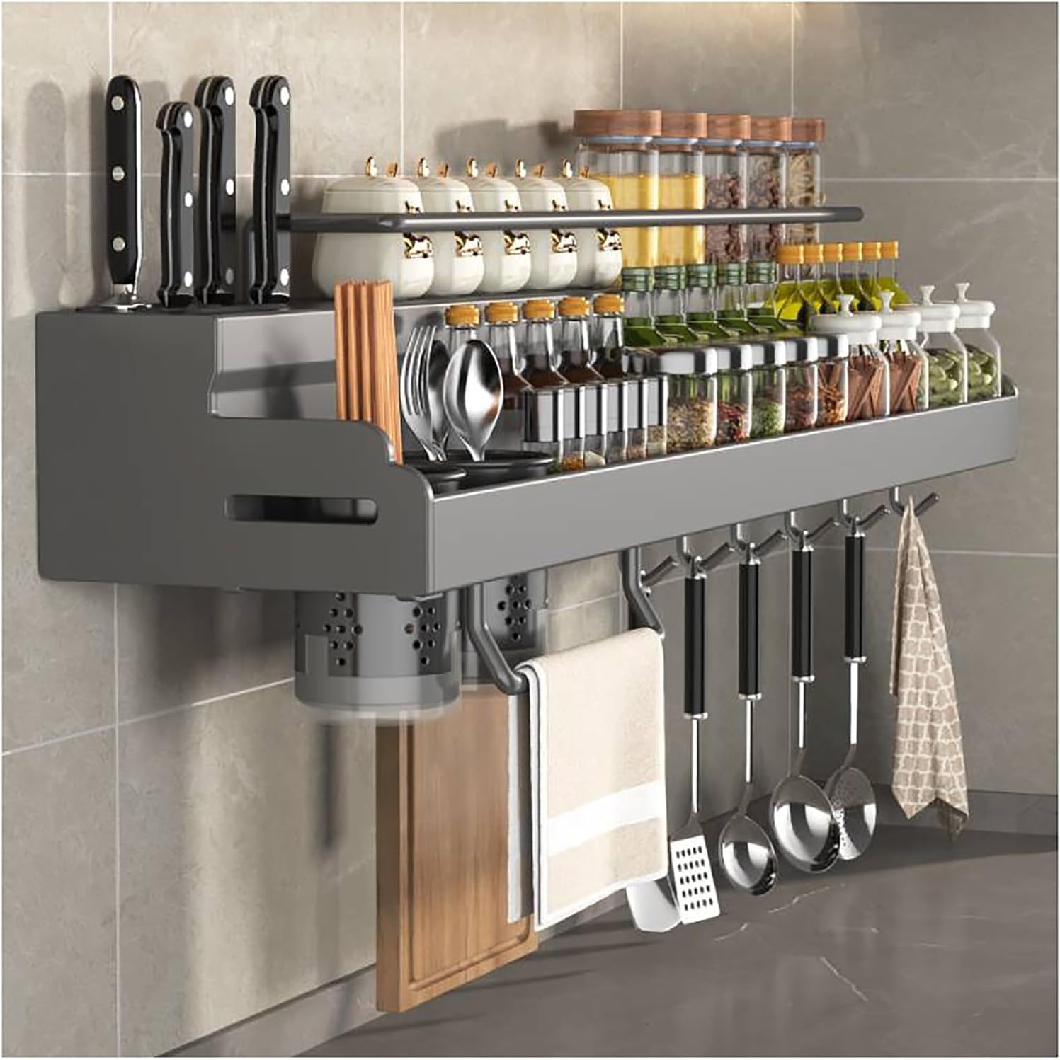 Spice Rack Organizer， Dish Drying Rack Microwave Oven Rack， with Drainboard Tray， Cup Holder and Utensil Holder， for Bathroom， Bedroom， Kitchen，Grey-50x19.5x10cm