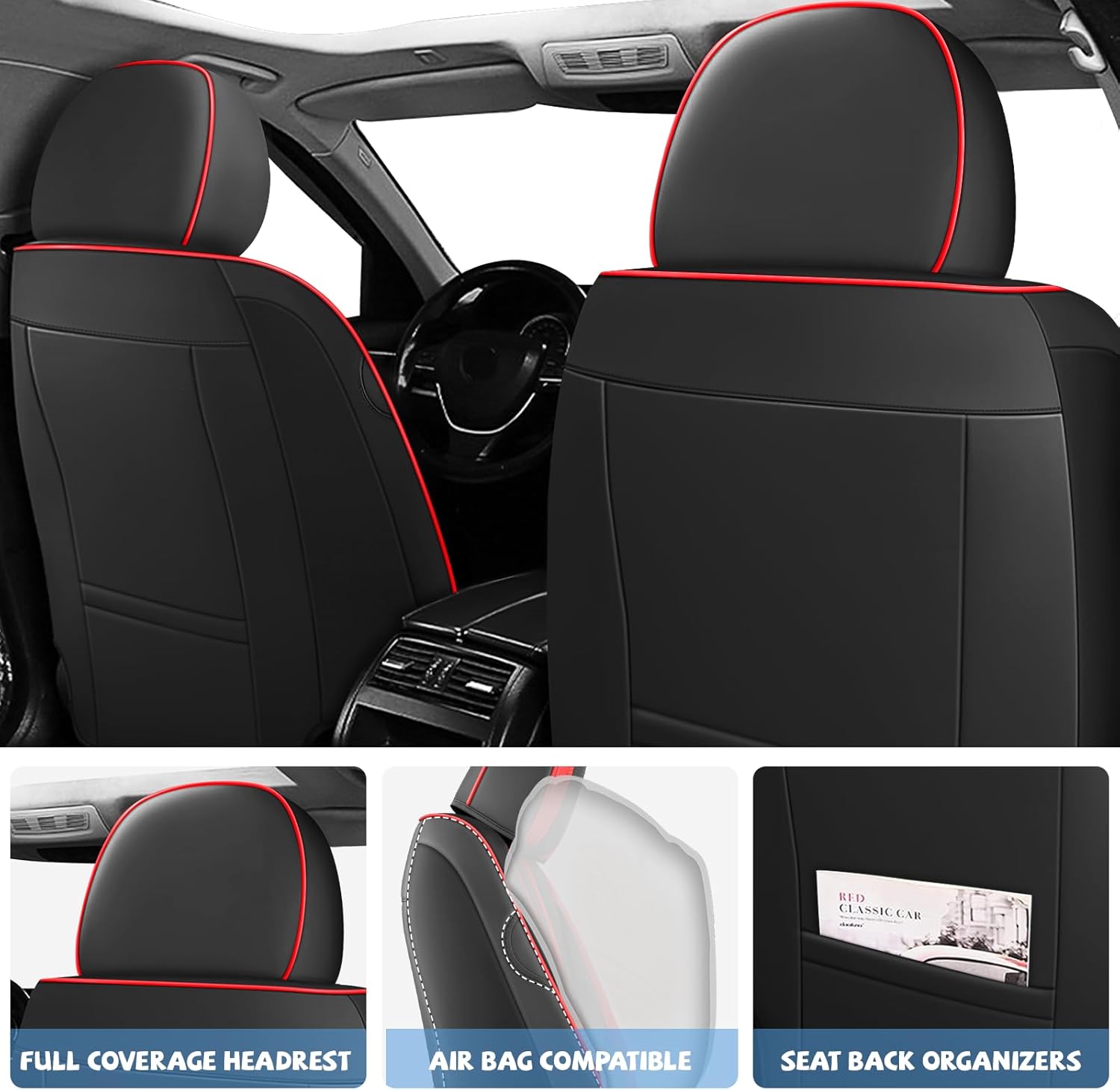 ILMO Seat Covers Tailored for Toyota Prius 2001-2026– Soft Nappa Leather Carseat Covers with Airbag Compatibility– Wear-Resistant Seats Cover (Black&Red, Full Set)