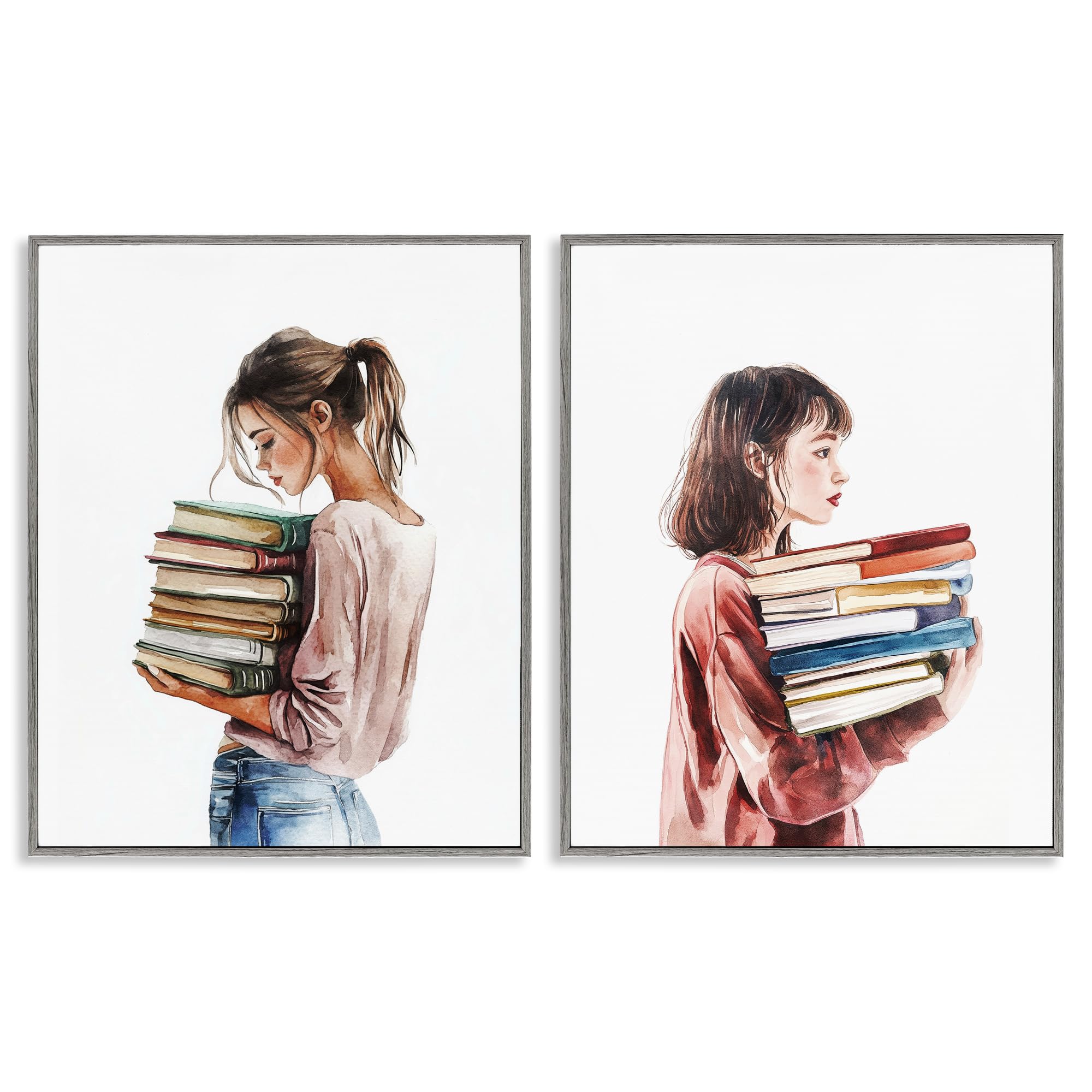 Stupell Industries Girls Farmhouse Gray (Textured) And Library Book Stacks, 24 X 30 Inch Framed Giclée Print Set
