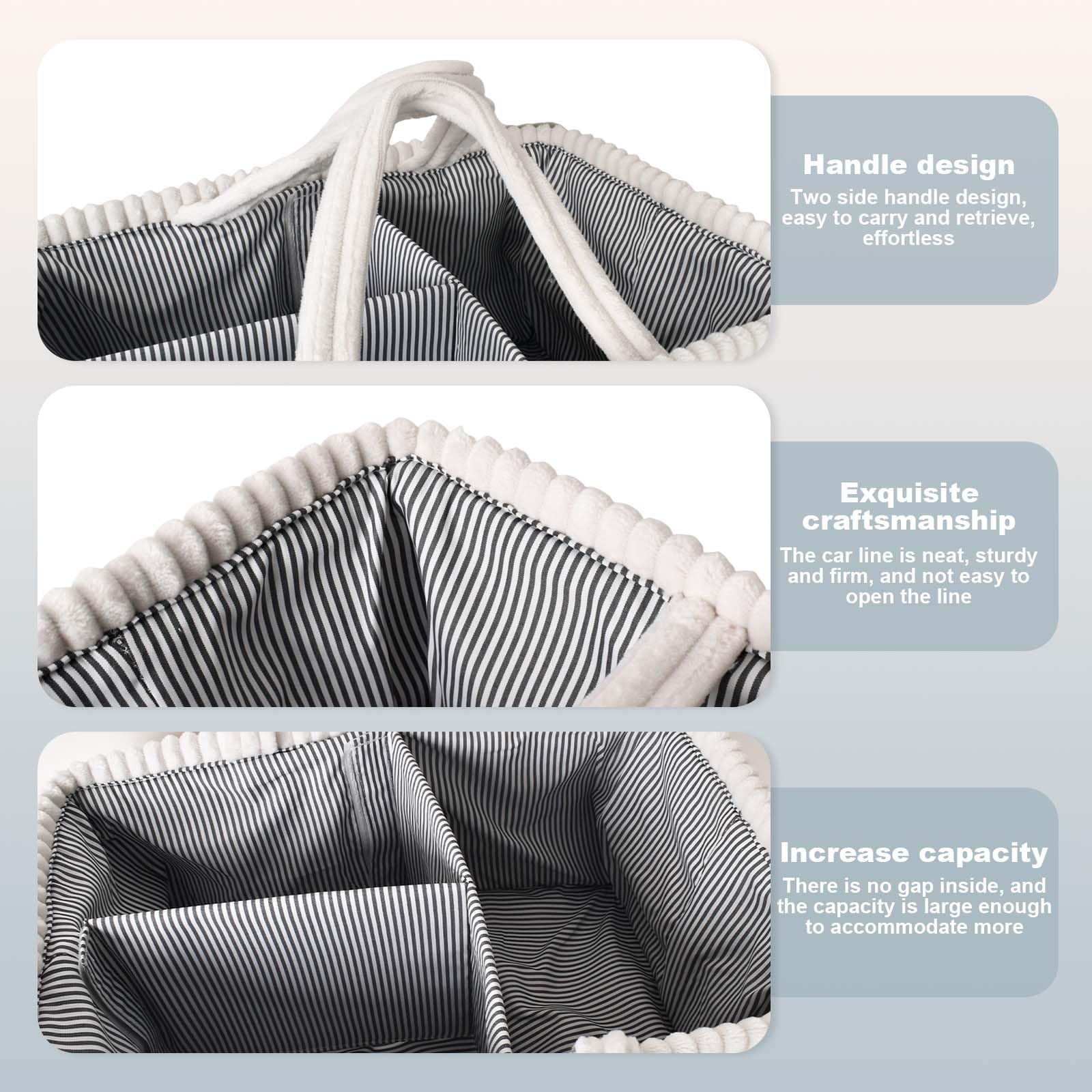 Panier Rangement Bébé, Compartiment Amovible, Panier de Rangement Bébé Portable en Peluche pour Essentiels du Nouveau-Né les Couches, Lingettes et Inserts, Cadeau Naissance, Blanc cassé