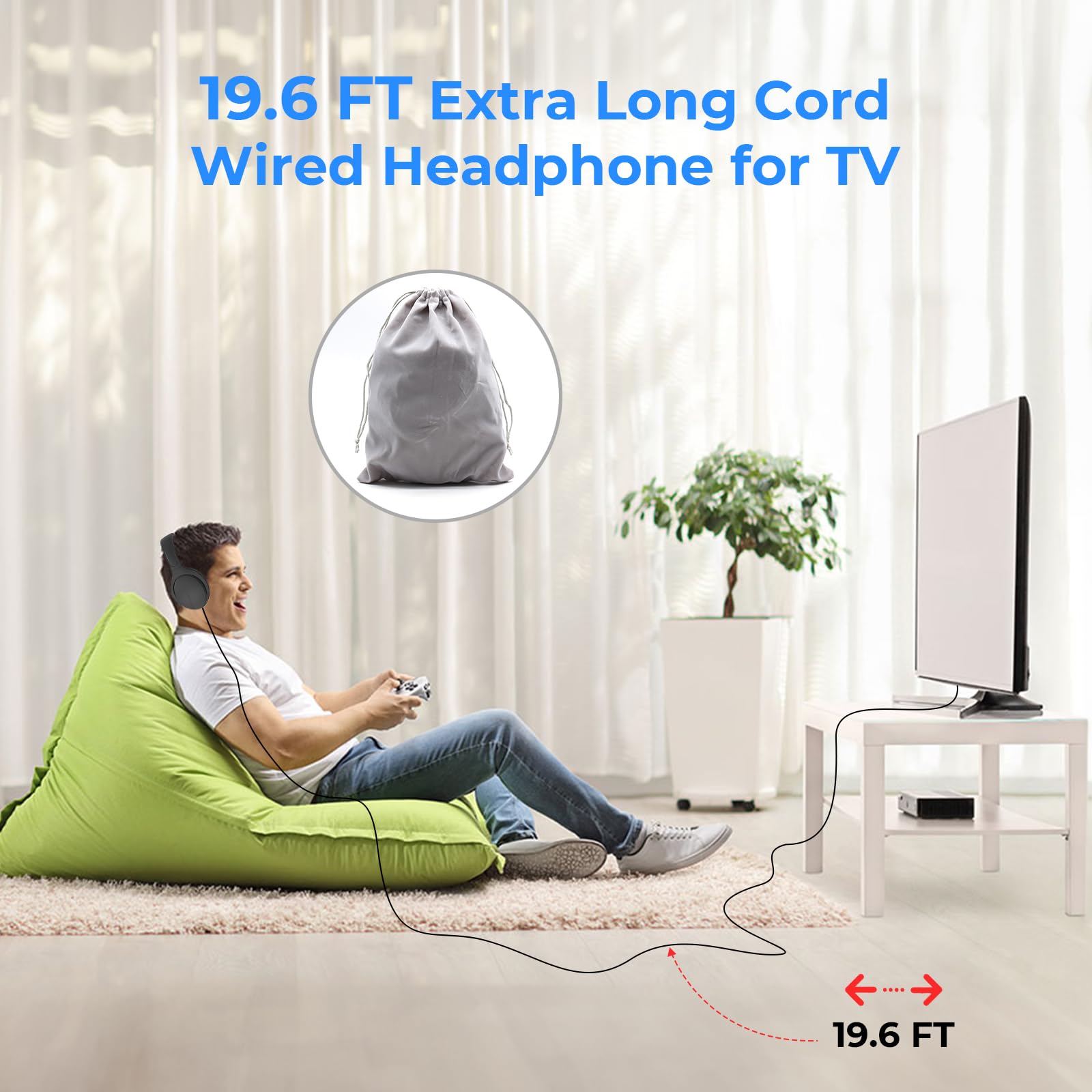 Słuchawki przewodowe z długim przewodem do telewizora, słuchawki nauszne, oglądanie telewizji dla seniorów z bardzo długim kablem, uniwersalne audio AUX 3,5 mm (9,6 m)