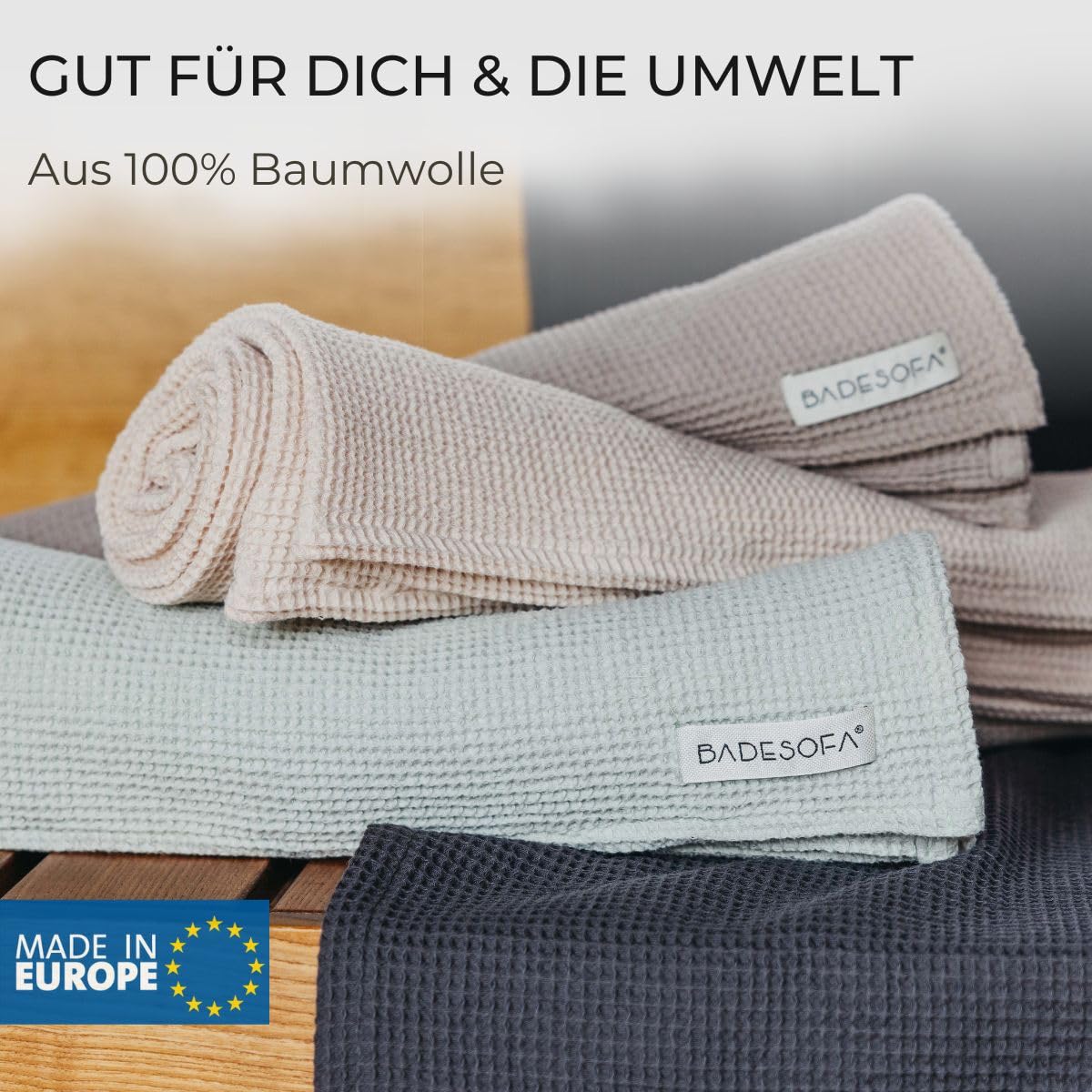 BADESOFA® Badetuch groß 100x200 cm aus Baumwolle – Schnelltrocknendes Sauna-Handtuch in modernem Waffelpiqué – Weich & leicht auf der Haut – Großes Saunatuch in Perlmutt