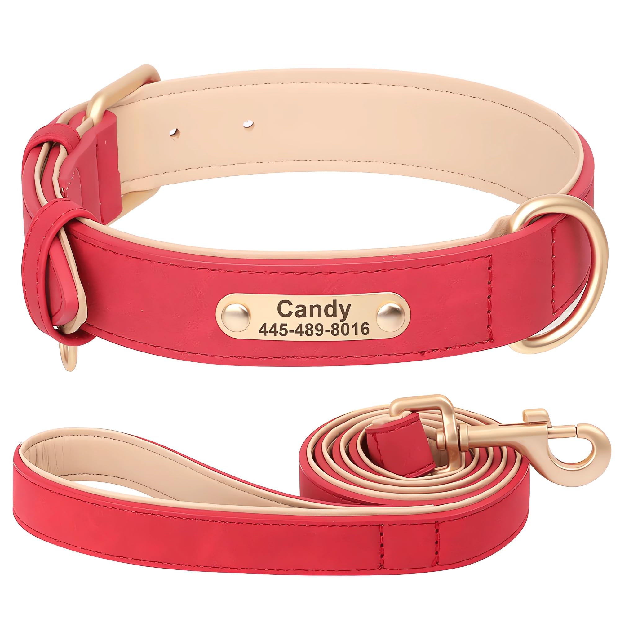 SEOUGEE Personalised Leather Dog Collar and Leash Set, Soft Padded Leather Dog Collars Heavy Duty with Custom Engraved Name Plate Adjustable for Small Medium Large Dogs (S, Crimson Red Set 23-32cm) — image 1