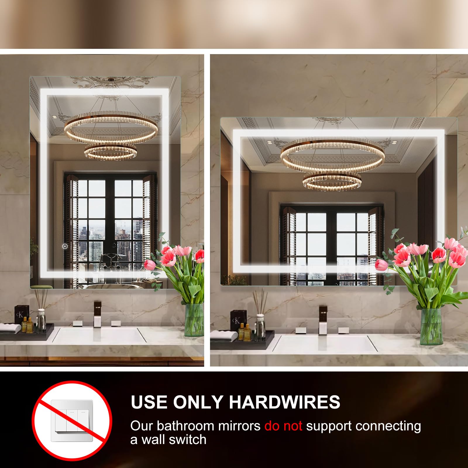 LED Espejo de Baño 70x90 Cm, Interruptor Táctil | Espejo de Baño Iluminado con Interruptor Táctil, Vertical/Horizontal, lP44