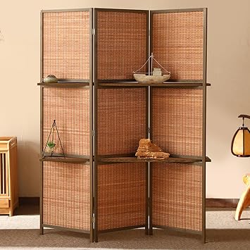 Room Divider with Shelves, Room Dividers and Folding Privacy Screens, Hand-Woven for Home Office Bedroom Hotel Decoration, Portable Privacy Space Separator,3 Panels,200cm