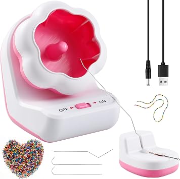 Electric Bead Spinner with Base,Automatically Clay Bead Spinner with 2 Needles Fast Beading Bead Spinner Machine Effortless Electric Bead Bowl Spinner for Jewelry Making DIY Bracelets Necklaces Pink