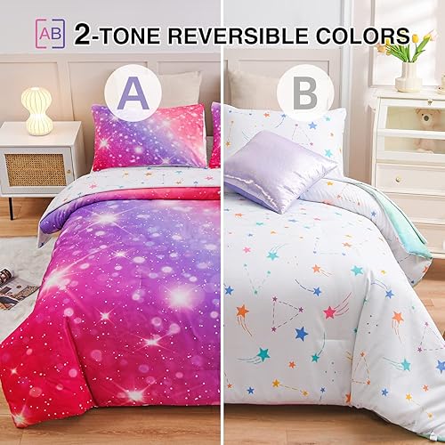 Miniatura 2 de A Nice Night Juego de ropa de cama de 6 piezas con purpurina degradada para niñas, juego de edredón colorido de galaxia arco iris, juegos de ropa