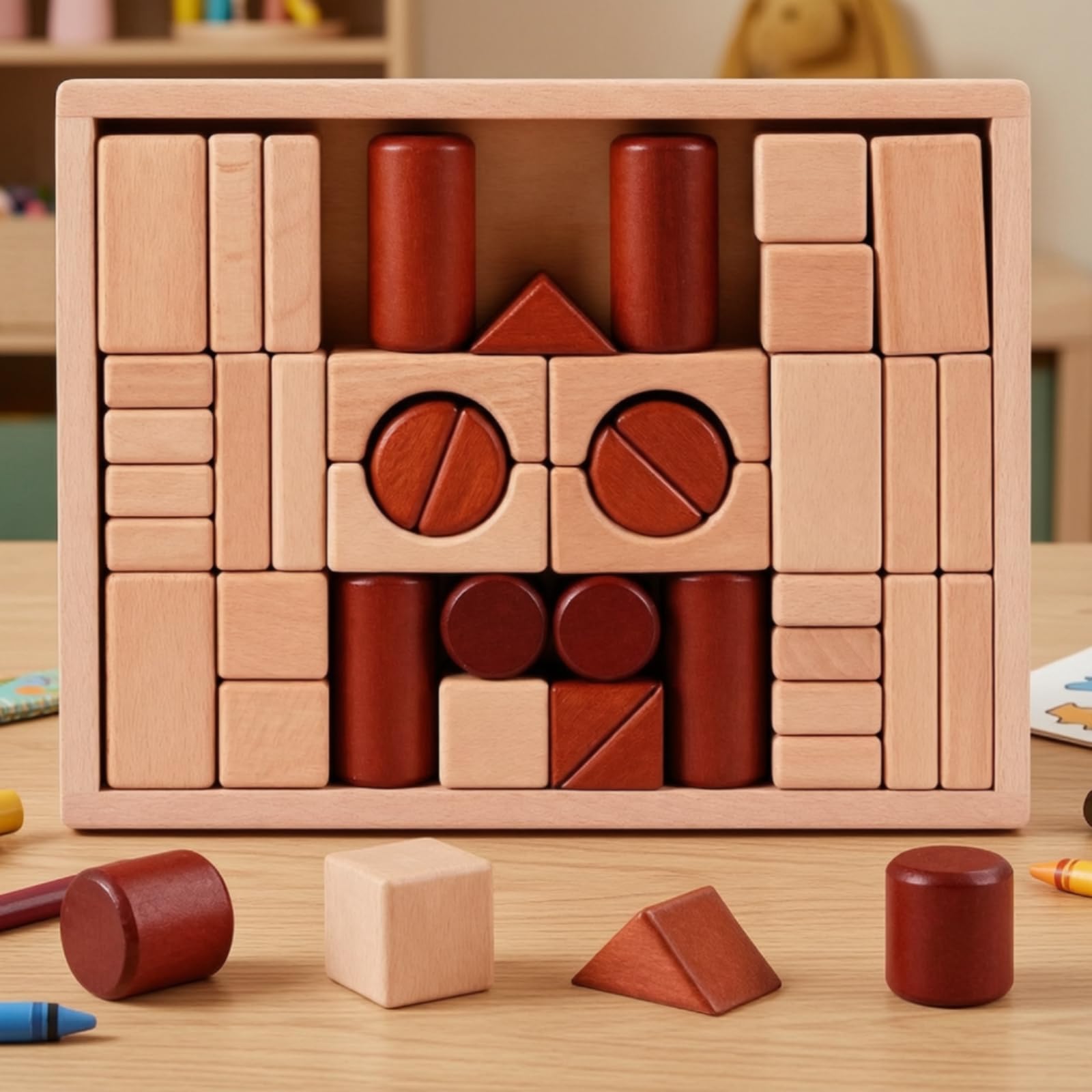 Blocchi da Costruzione in Legno Impilabile Costruzioni in Legno con Pezzi Geometrici Regalo Giocattolo Educativo per Bambini, Casa