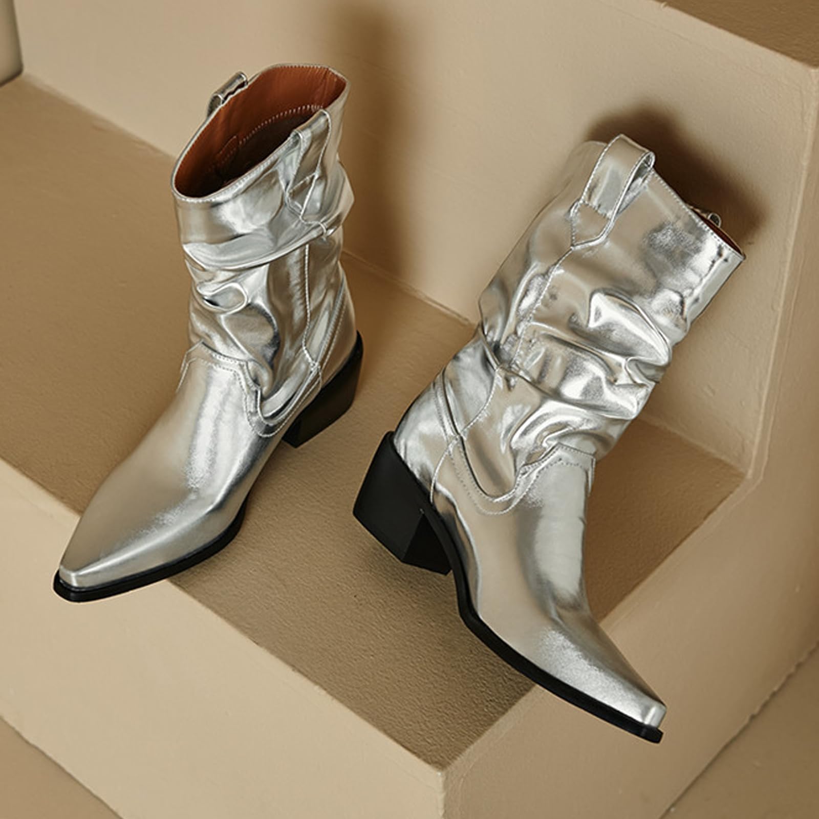 Stivali A Mezza Gamba Morbidi Donna Punta Affilata Tacco Medio Scarpe